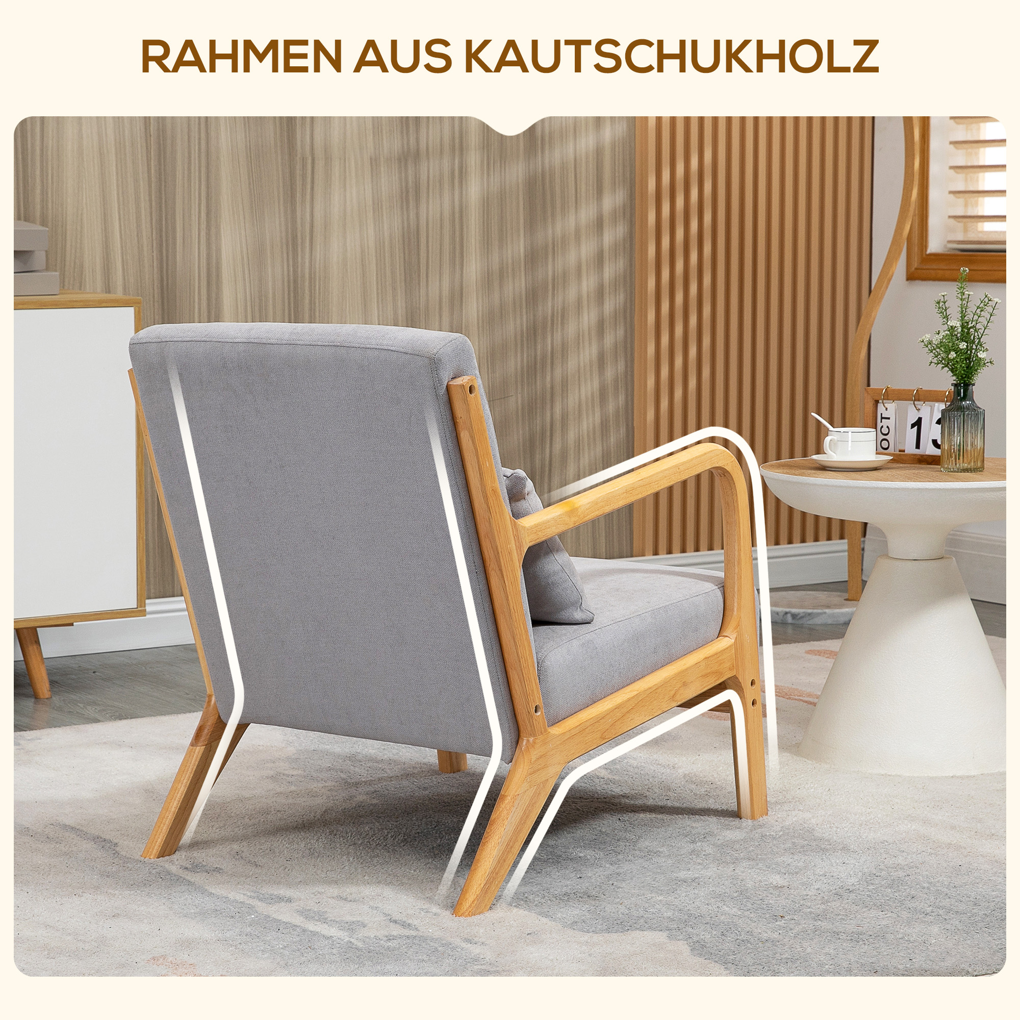 Pelēks lounge krēsls ar koka rāmi, samta izskats, 61 x 78 x 76 cm - Image 5