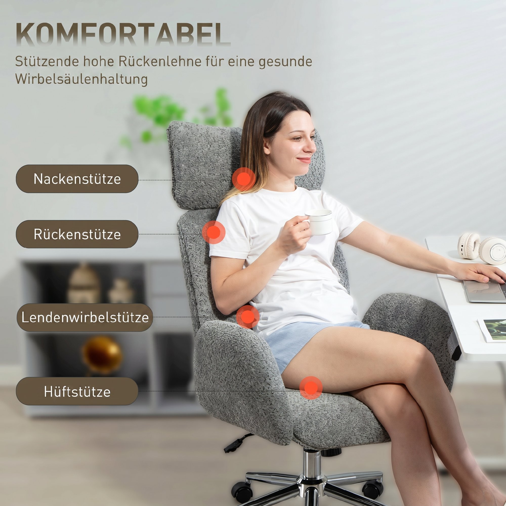 Biuro kėdė su reguliuojama galvos atrama, tamsiai pilka, 65 x 75 x 115-123 cm - Image 4
