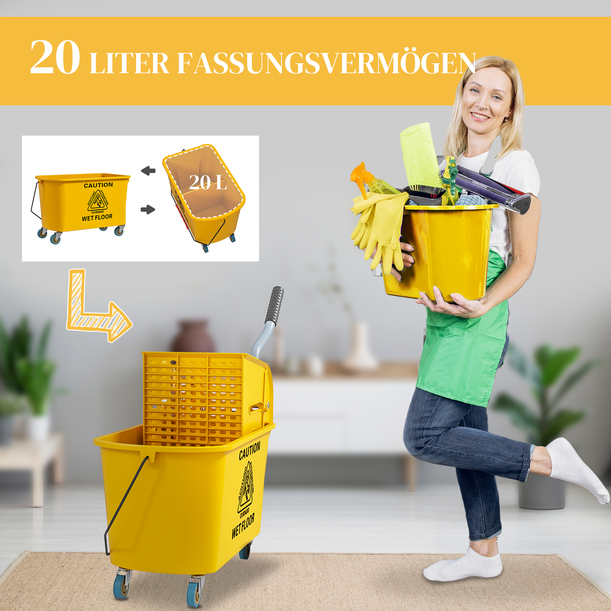 Tīrīšanas ratiņi ar presi, 20 l, dzelteni, plastmasa, 45 x 26,5 x 70 cm - Image 4