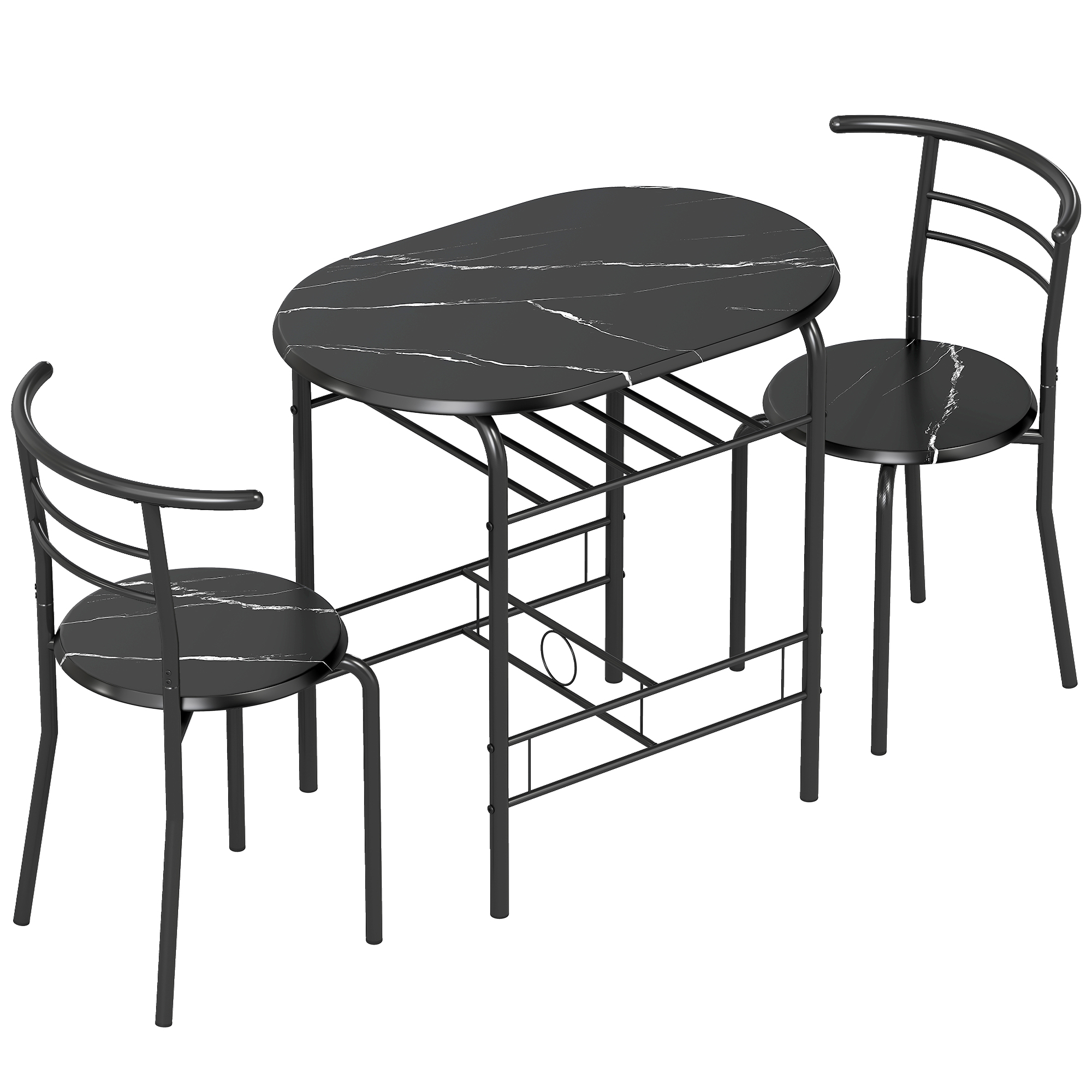 3-osaline söögikomplekt 2 inimesele, musta marmori välimusega, 80 x 52 x 76 cm