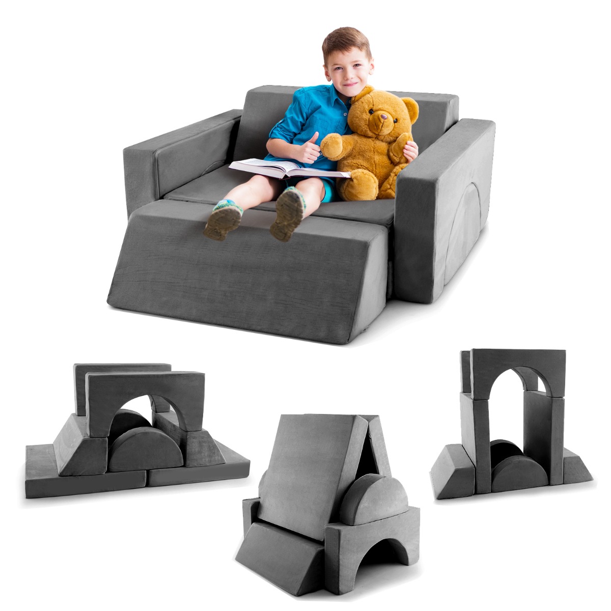 8 dalių vaikų modulinis žaidimų sofa pilka - Image 2