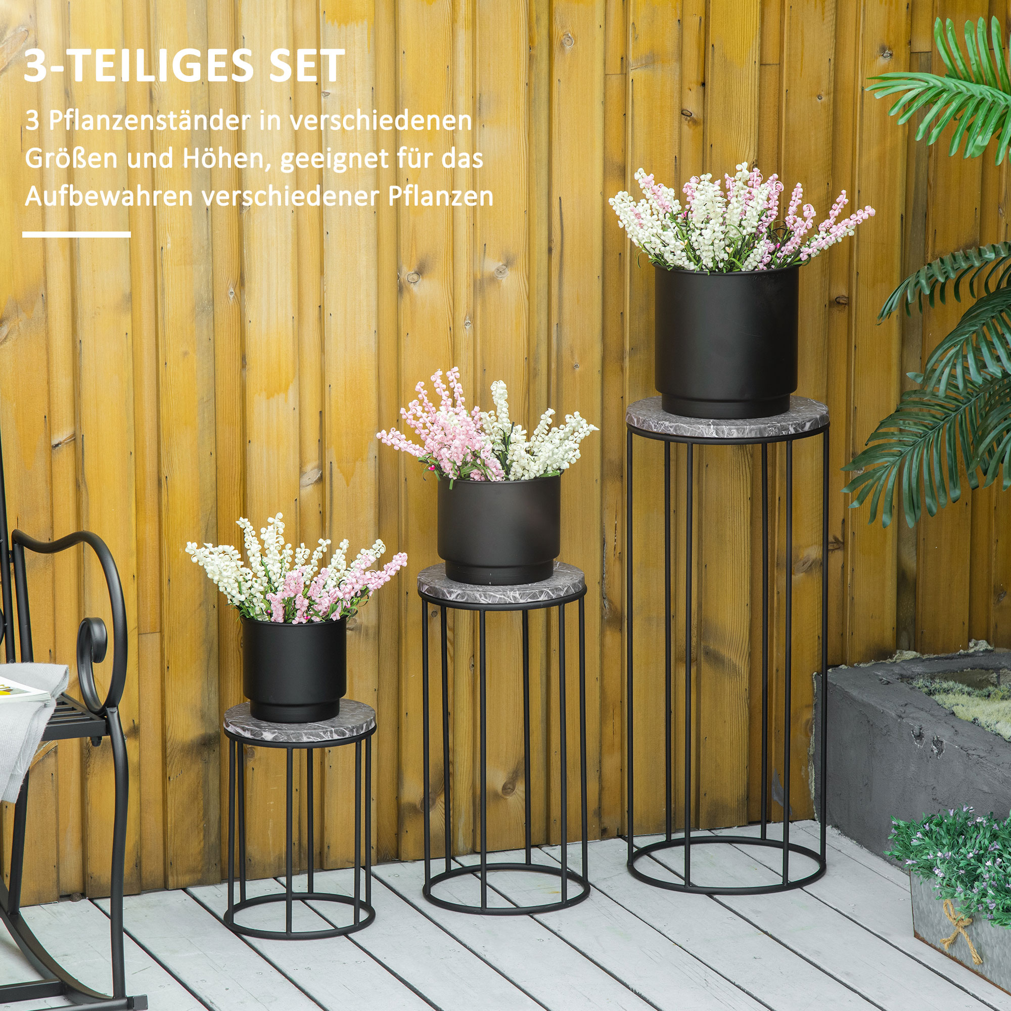 3-osainen metallinen kukkateline setti, musta ja harmaa, marmoripinta - Image 4