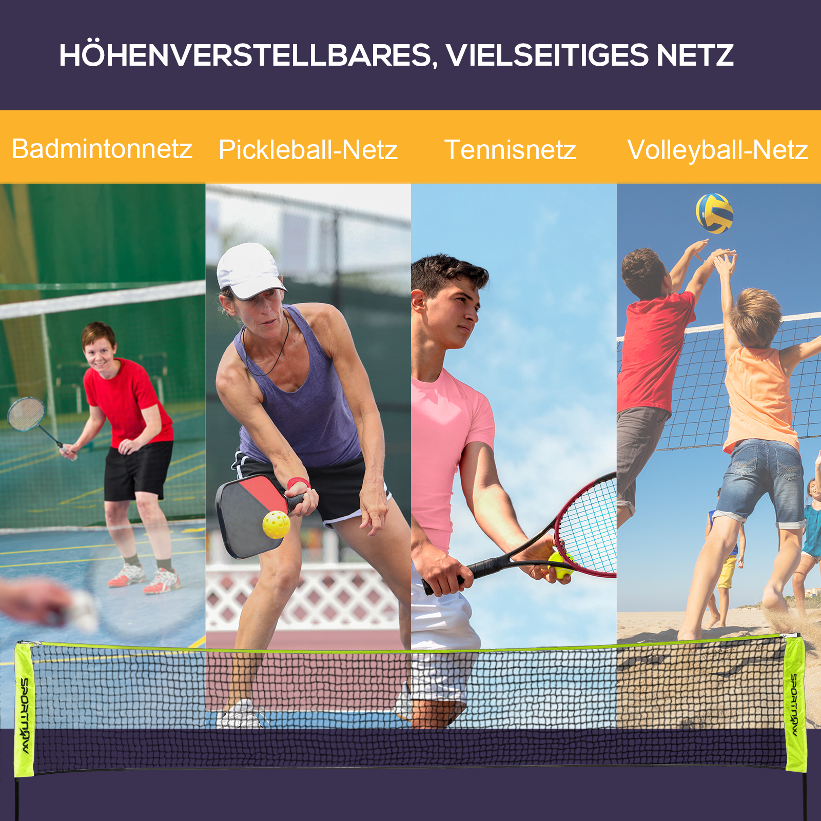 Regulējams pārnēsājams badmintona tīkls, 107-155 cm, dzeltens, ar somu - Image 4