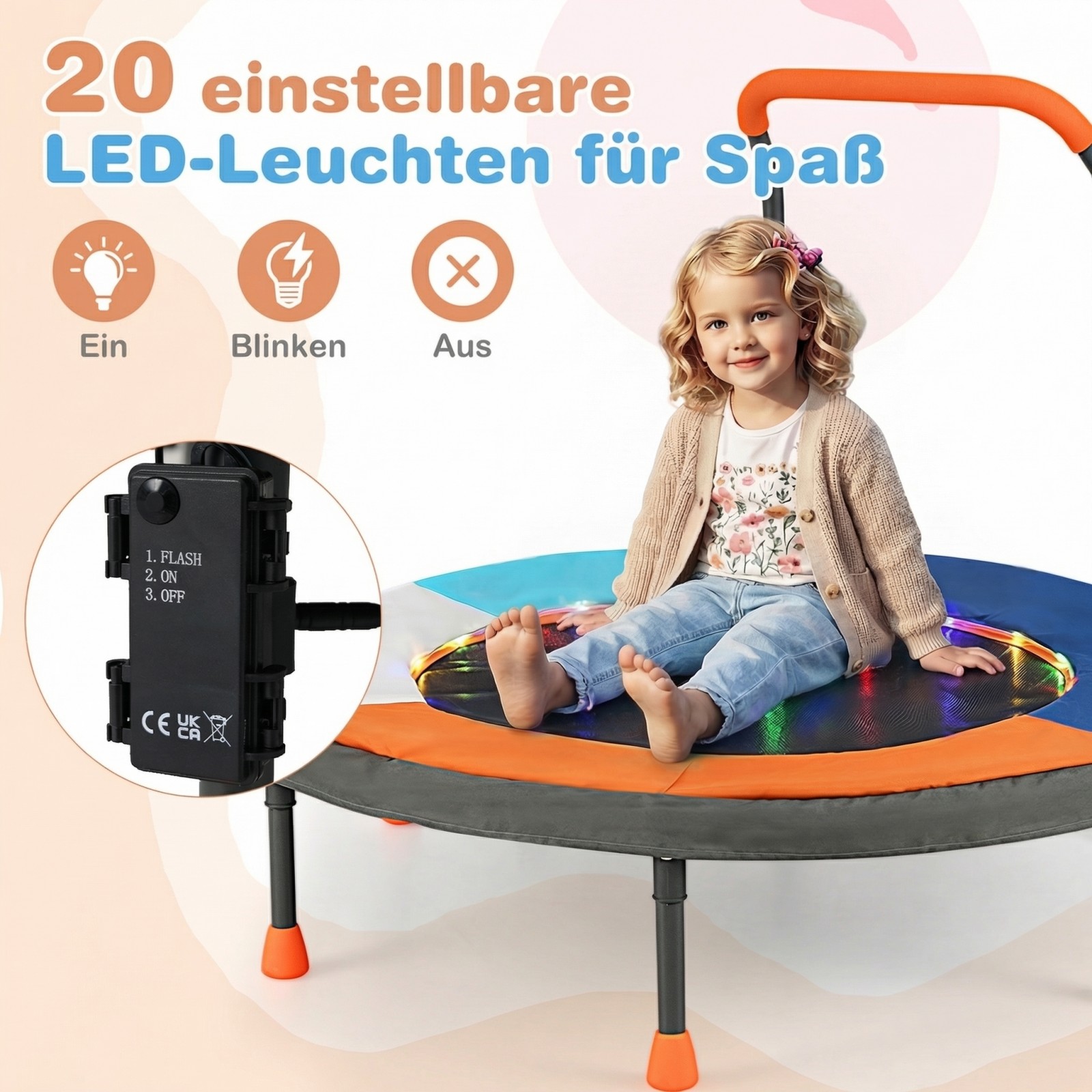 Ø90 cm vaikų mini batutas su LED apšvietimu, rankena ir nešiojimo krepšys, tamsiai mėlynas