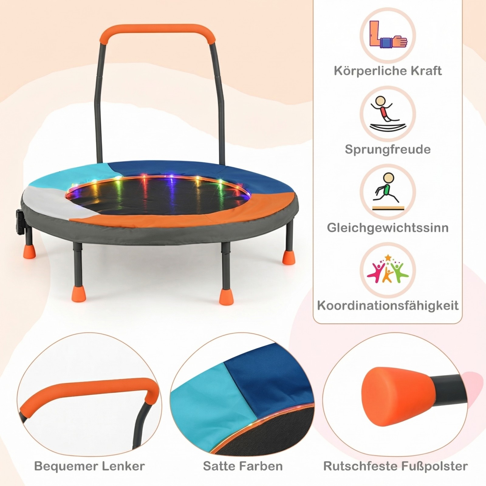 Ø90 cm vaikų mini batutas su LED apšvietimu, rankena ir nešiojimo krepšys, tamsiai mėlynas - Image 2