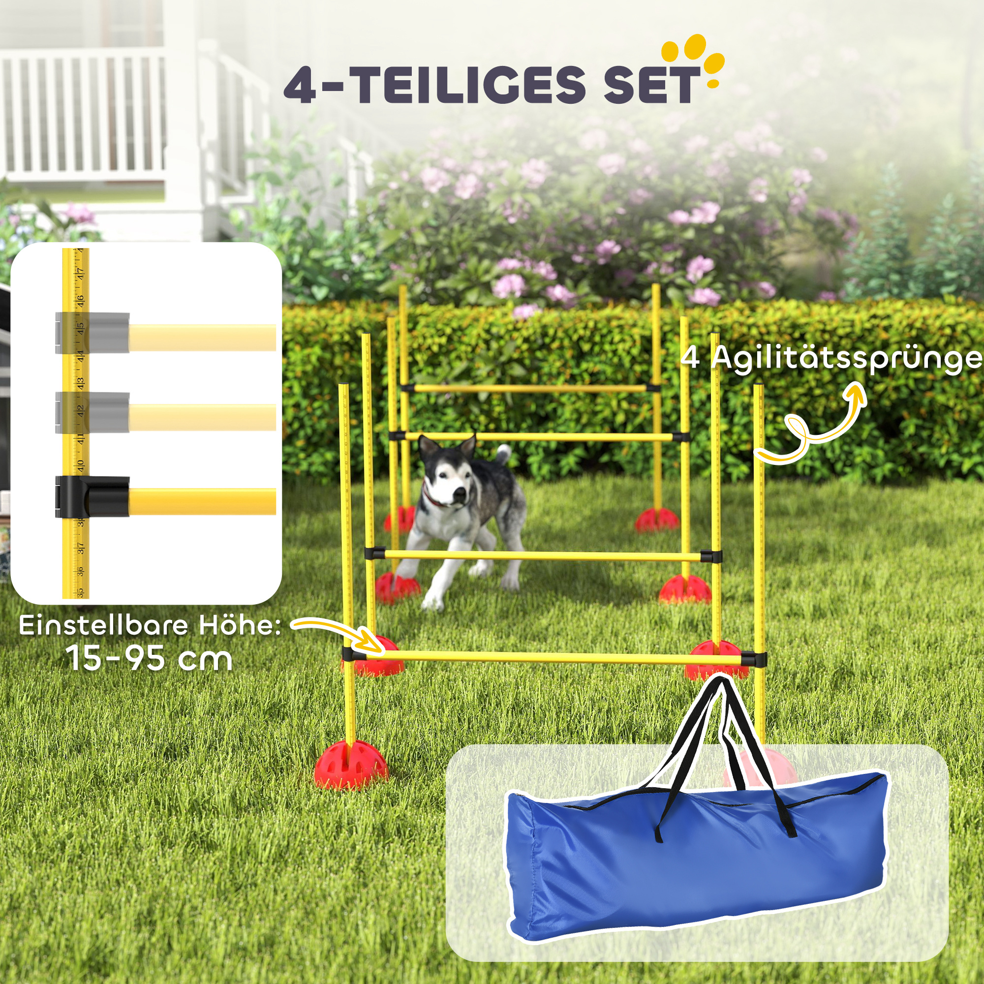 4 dalių šunų agility kliūčių rinkinys su 4 reguliuojamomis kliūtimis ir nešiojamu krepšiu, geltonas - Image 4