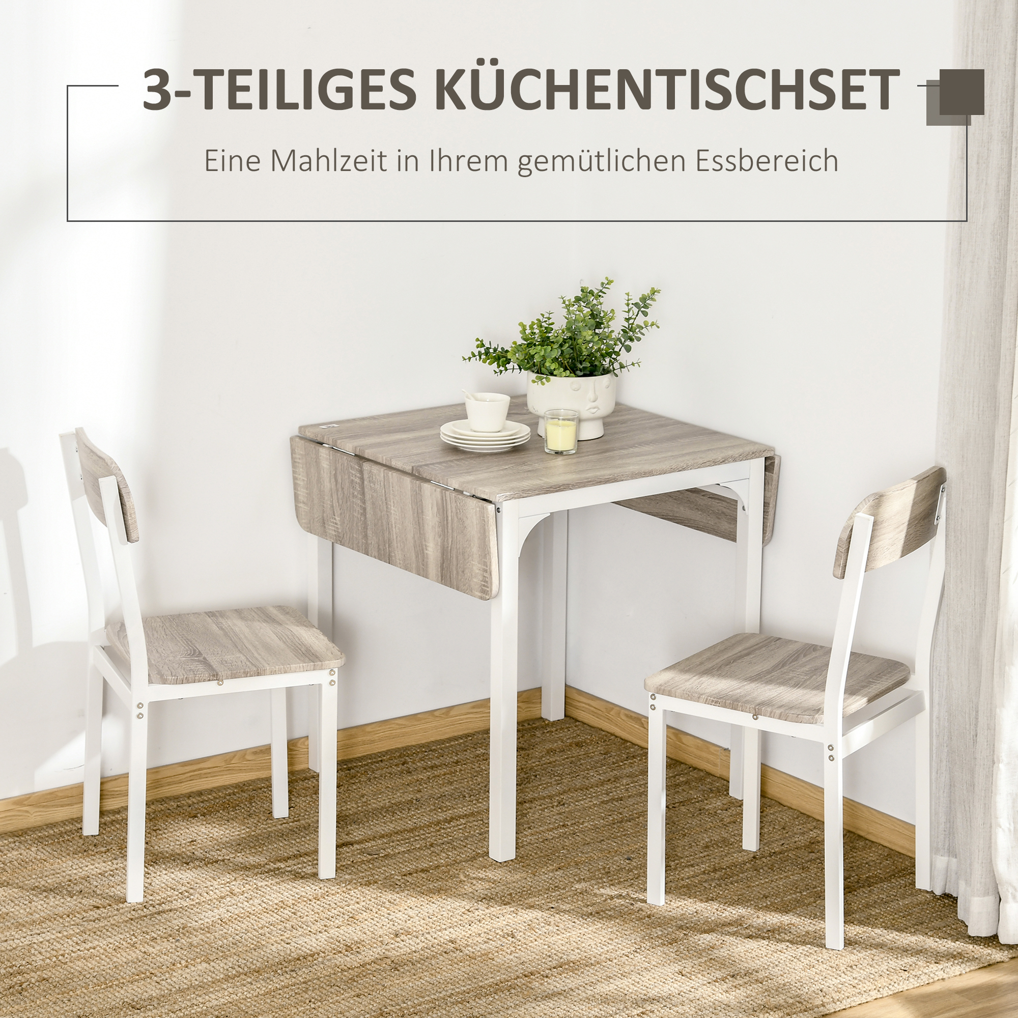 3 dalių sulankstomas valgomojo komplektas, stalas su 2 kėdėmis, 110 x 70 x 75 cm, balta + natūrali - Image 4