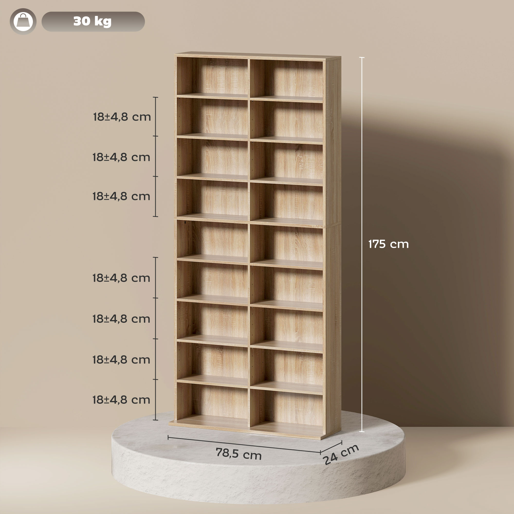 9 lygių DVD lentyna, 18 skyrių, 14 reguliuojamų lentynų, natūralaus medžio - Image 3