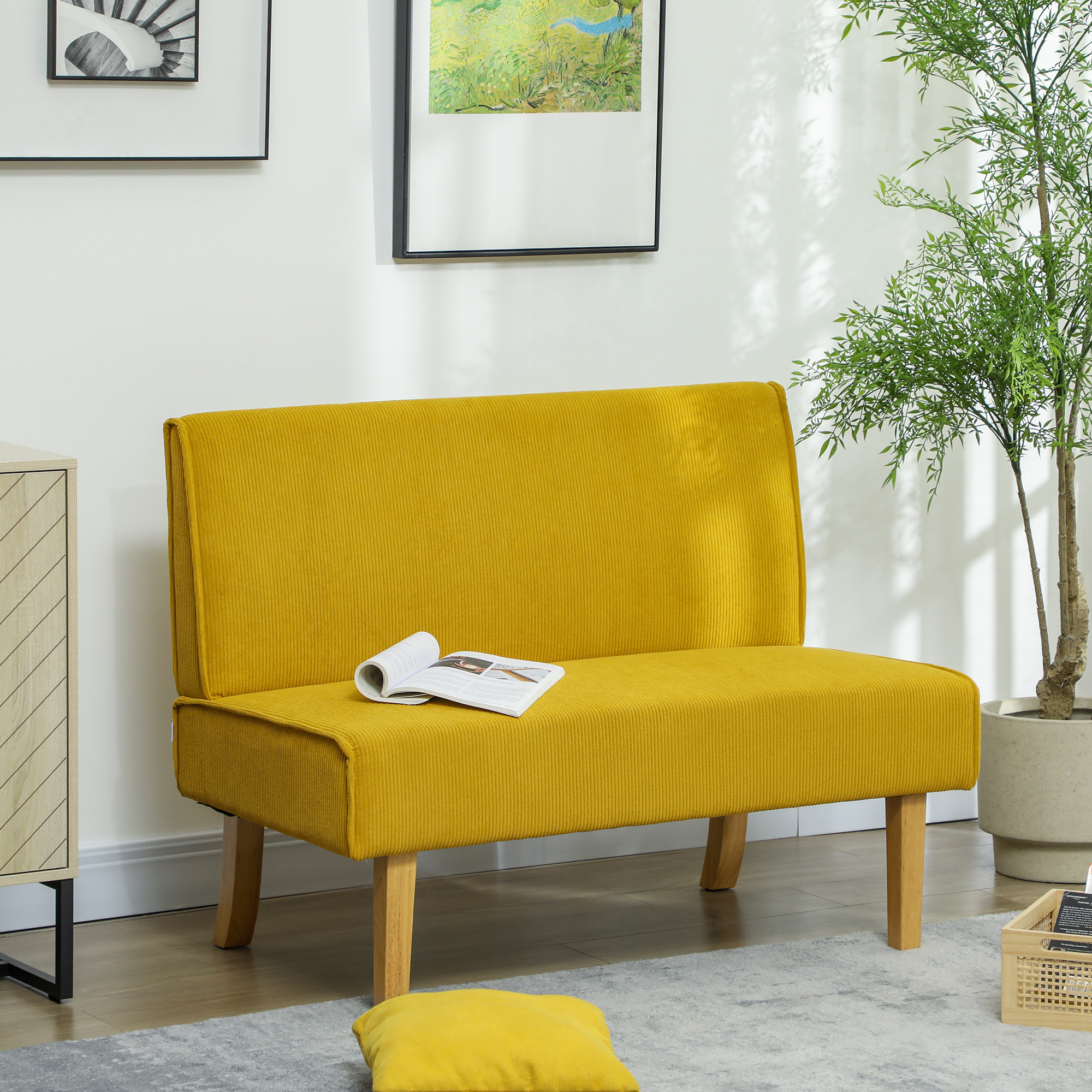 Dvivietė sofa su kordurojaus apmušalu, geltona, 110 x 62 x 85 cm - Image 2