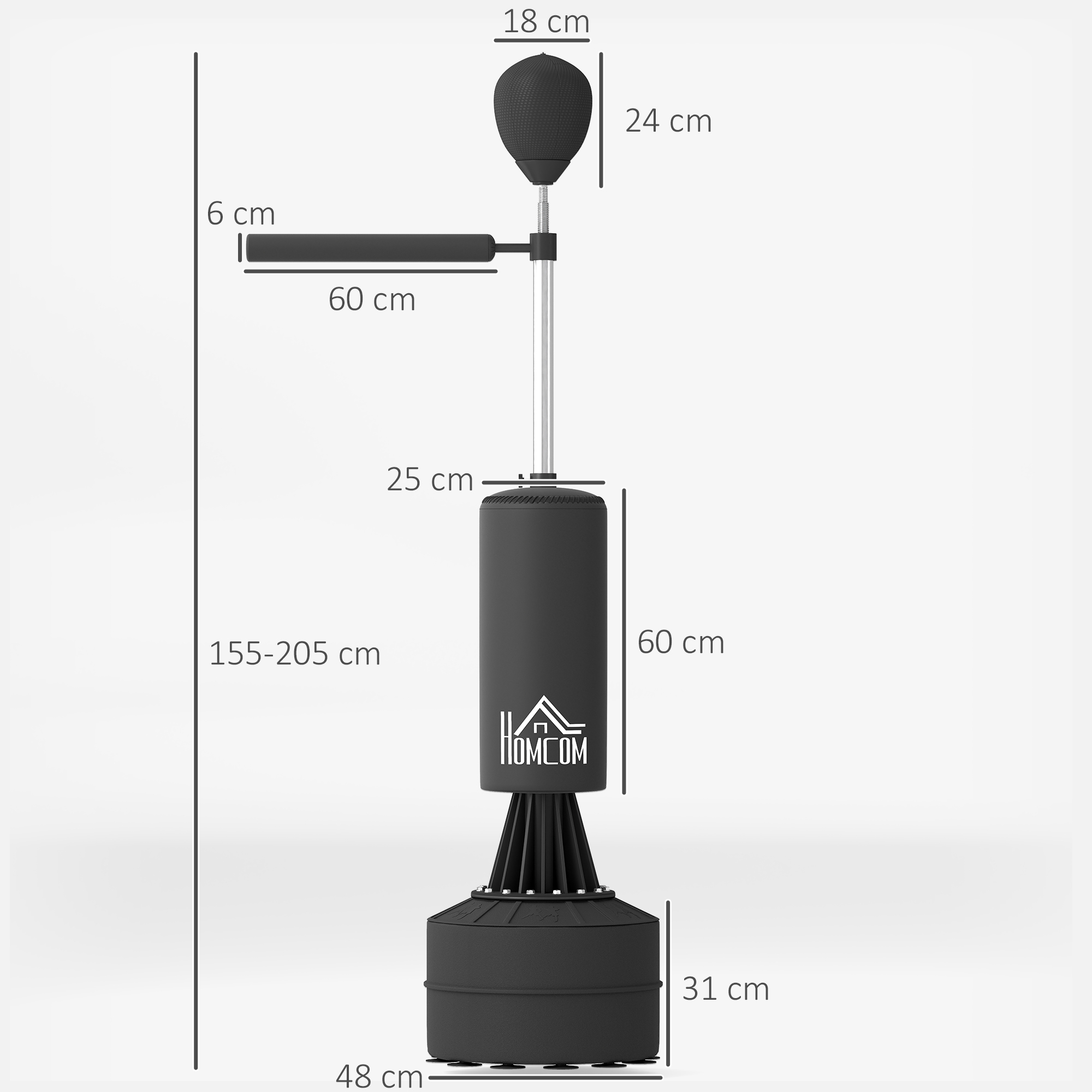 Stovimas bokso maišas su speedball ir reakcijos strypu, reguliuojamas aukštis 155-205 cm, juodas - Image 3