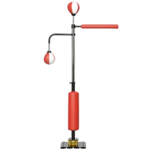 Boksi alus, kahe kiiruspalli, pöörleva poksivarda ja löögipadjaga, reguleeritava kõrgusega, terasest, must/punane/valge, 107 x 36 x 140-205 cm