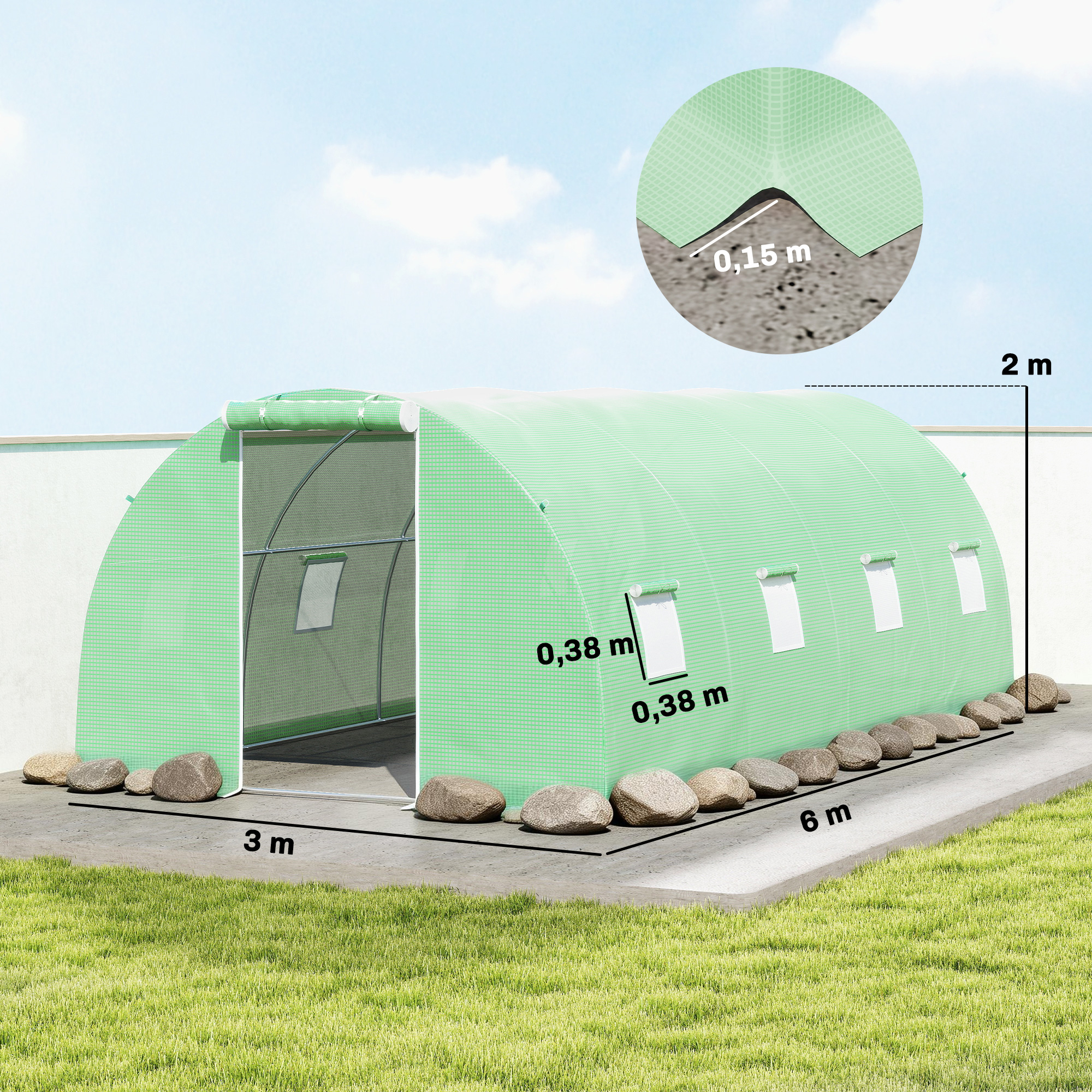 Sisäänkäveltävä kasvihuone, 8 verkkoikkunaa, kestävä kalvo, teräsrunko, vihreä, 6 x 3 x 2 m - Image 3