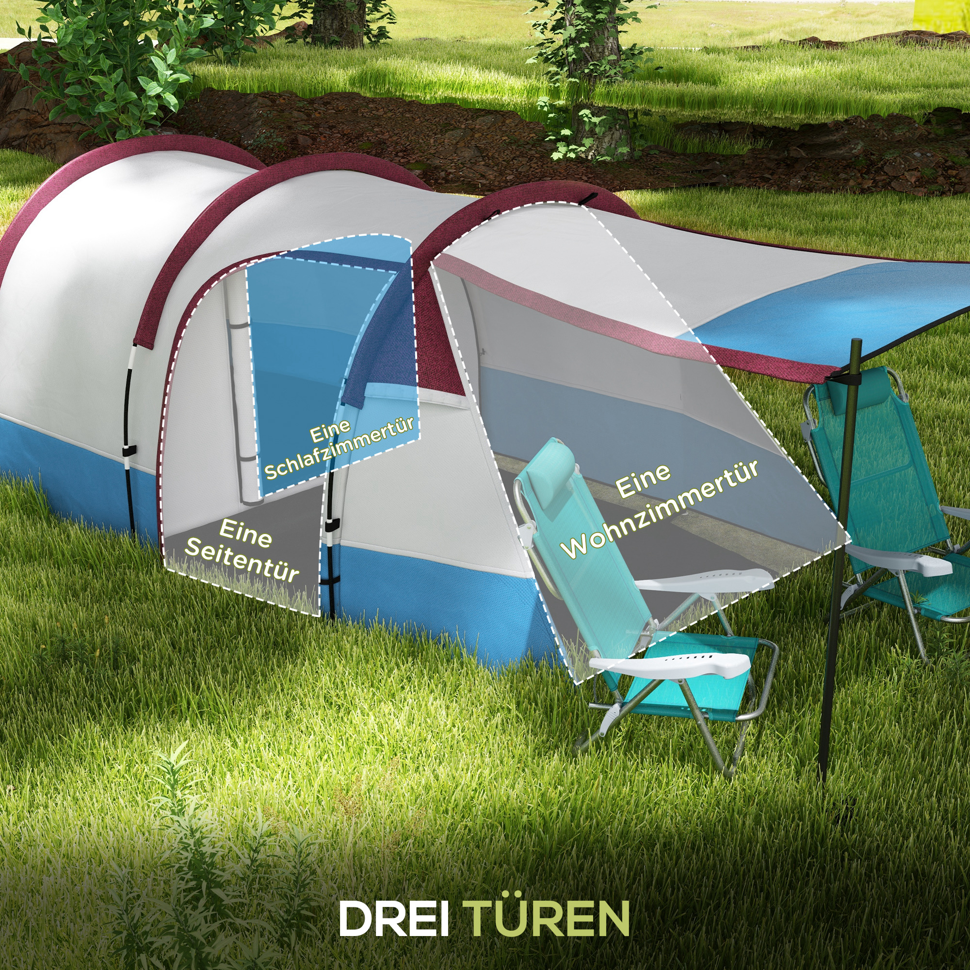 Teltta 3 hengelle, punainen, 420 x 200 x 150 cm - Image 5