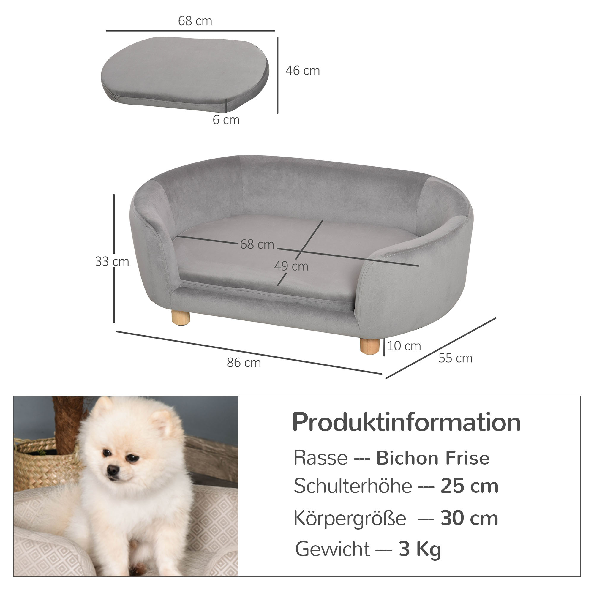 Mājdzīvnieku sofa gulta gaiši pelēka, Dutch velvet, bērza kājas, 86 x 55 x 33 cm - Image 3