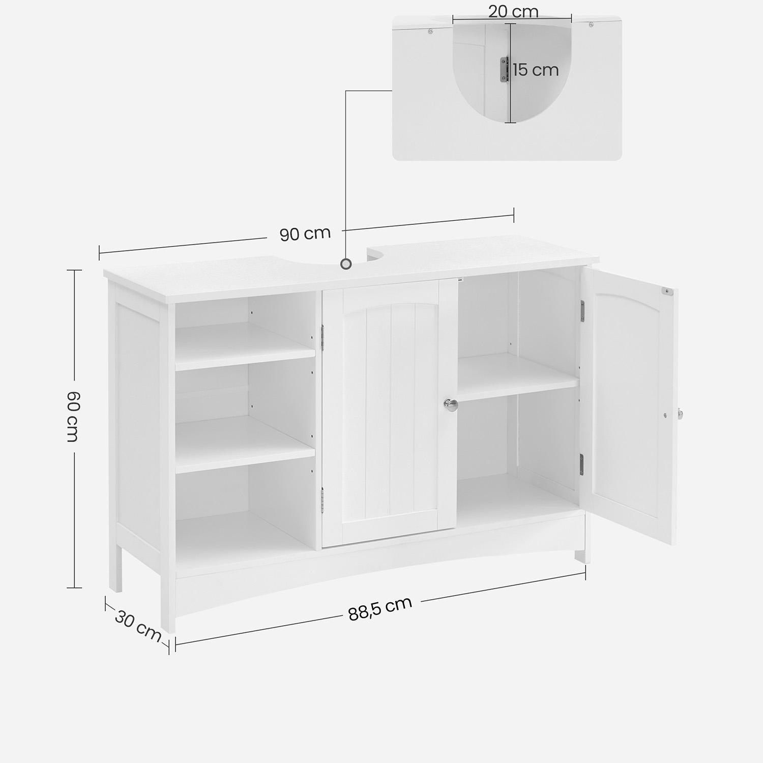 Izlietnes skapītis ar 2 durvīm, atvērti plaukti, regulējami plaukti, balts, 90 x 30 x 60 cm - Image 6
