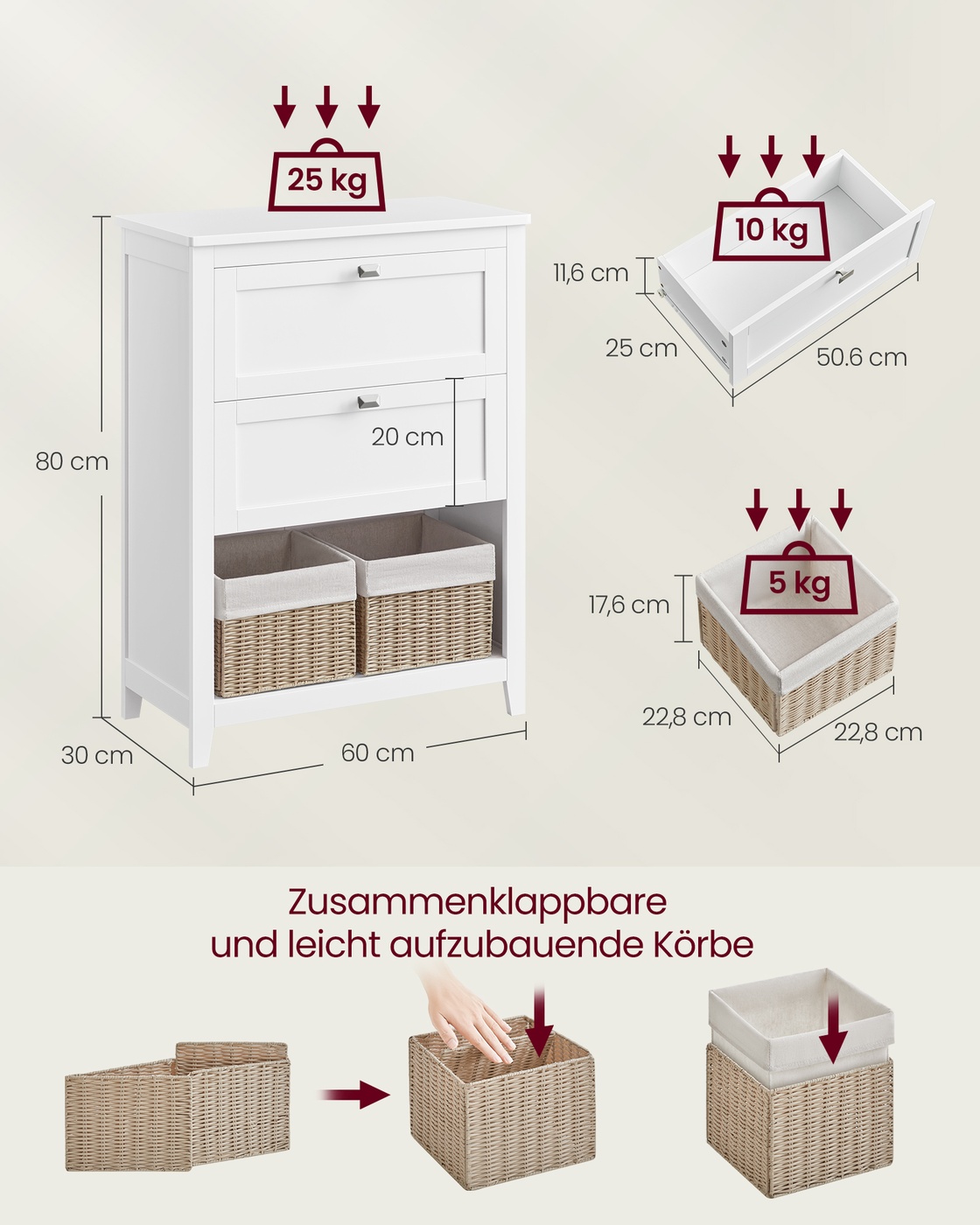 Vonios kambario daiktų spintelė, 30 x 60 x 80 cm, MDF, balta, 2 stalčiai ir 2 krepšiai - Image 7