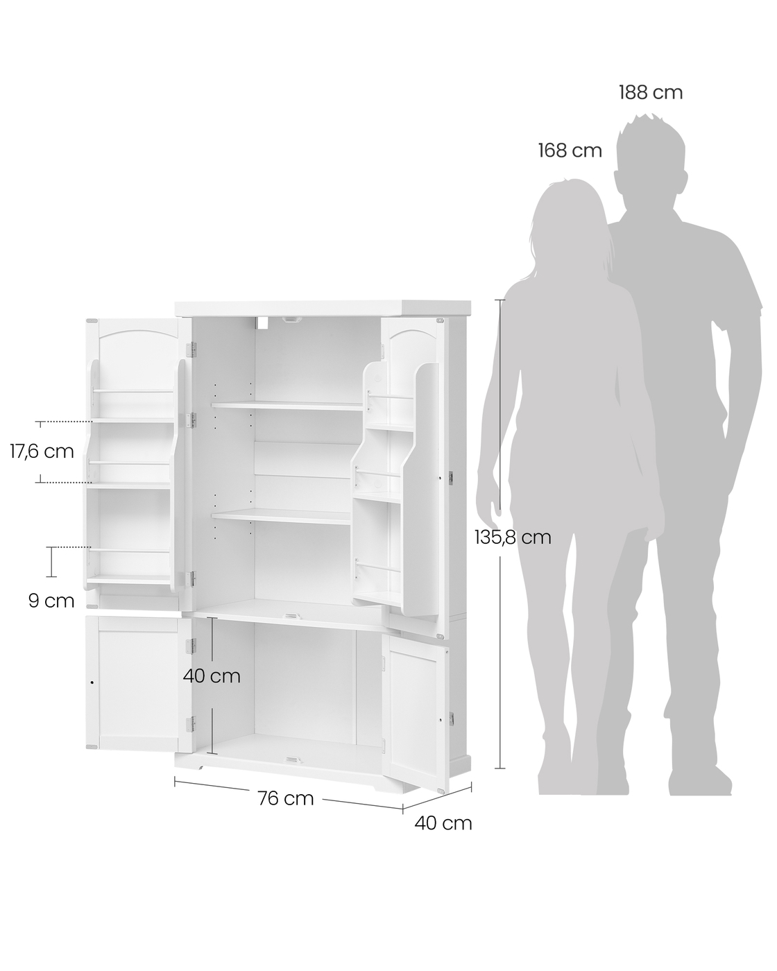 Virtuves skapis, balts, no MDF, 40 x 76 x 135,8 cm, ar 4 regulējamiem plauktiem un 6 durvju nodalījumiem - Image 5