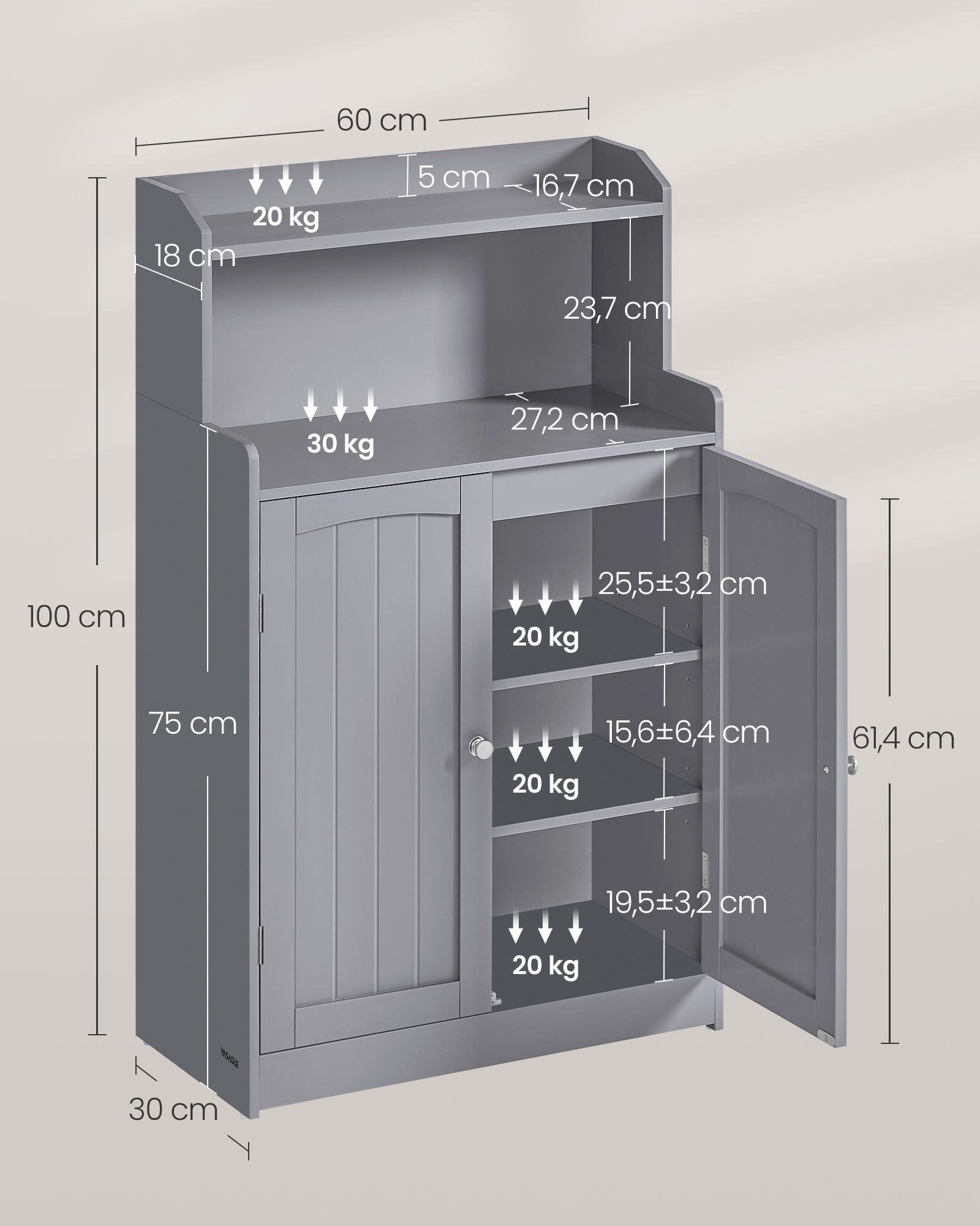 Vannas istabas skapītis ar 2 durvīm, 2 regulējamiem plauktiem, MDF, 30 x 60 x 100 cm, baložpelēks - Image 6