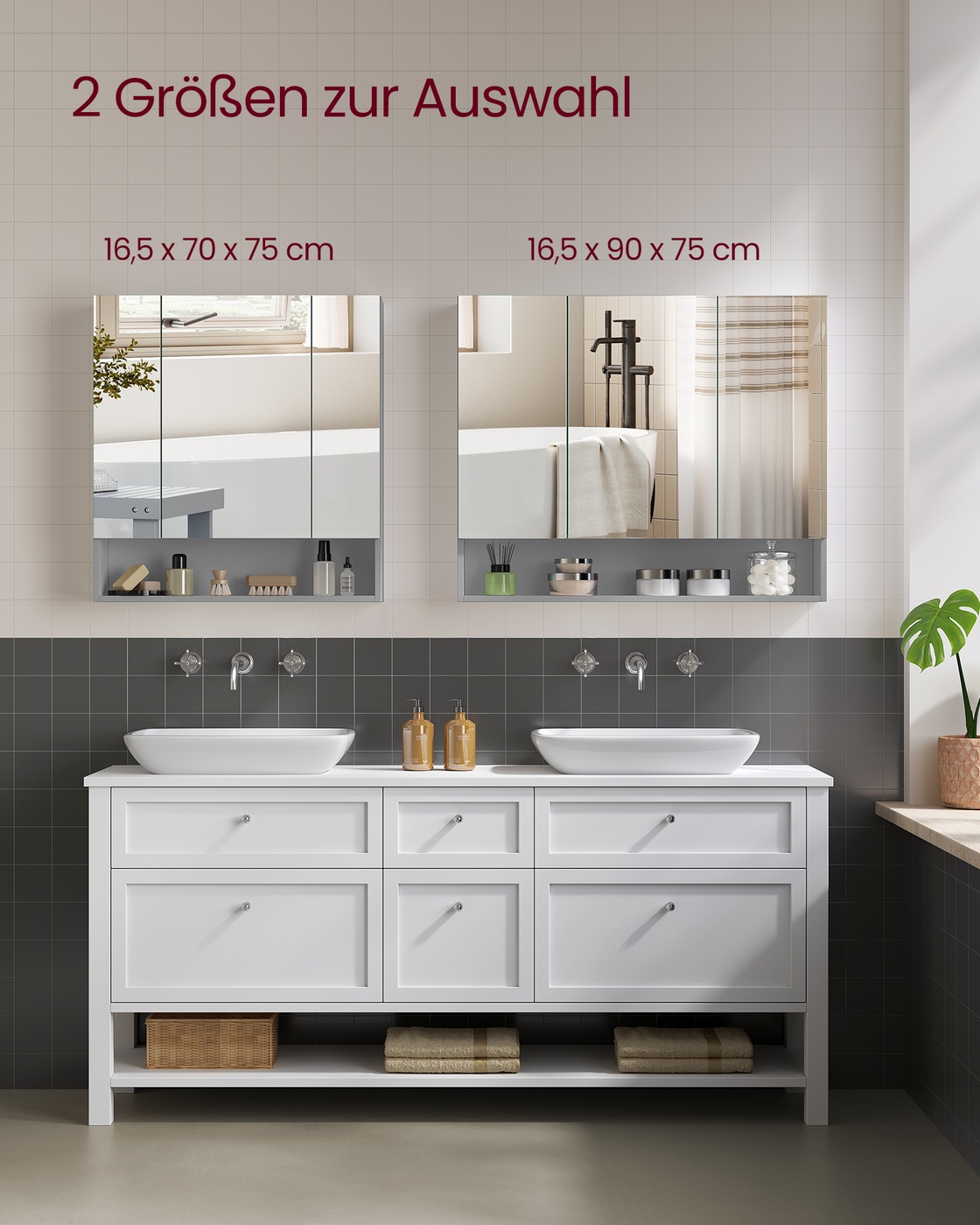 Kylpyhuonekaappi peilillä, 3 ovea, avohylly, säädettävät hyllyt, 16,5 x 70 x 75 cm, harmaanruskea - Image 7