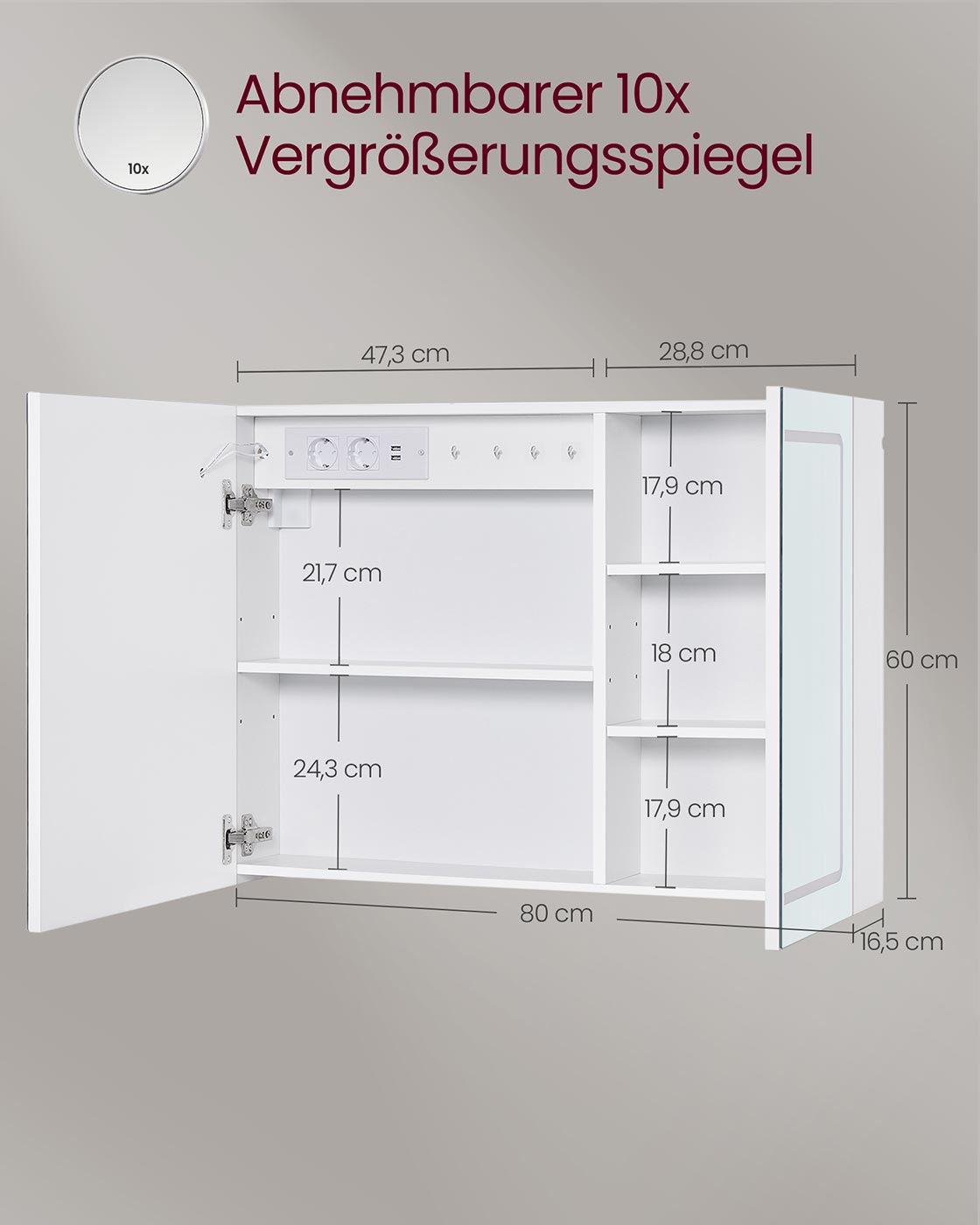 Vannas istabas spoguļskapītis ar apgaismojumu un kontaktligzdu, 16,5 x 80 x 60 cm, balts - Image 8