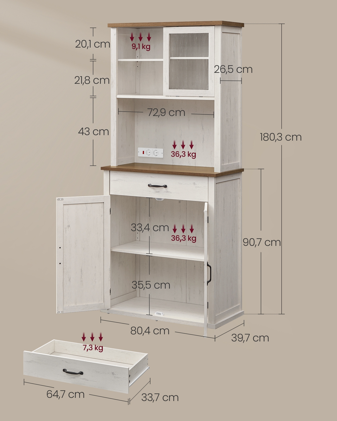 Servējama kumode ar apgaismojumu, balta, 39,7 x 80,4 x 180,3 cm, ar durvīm un atvilktnēm - Image 7