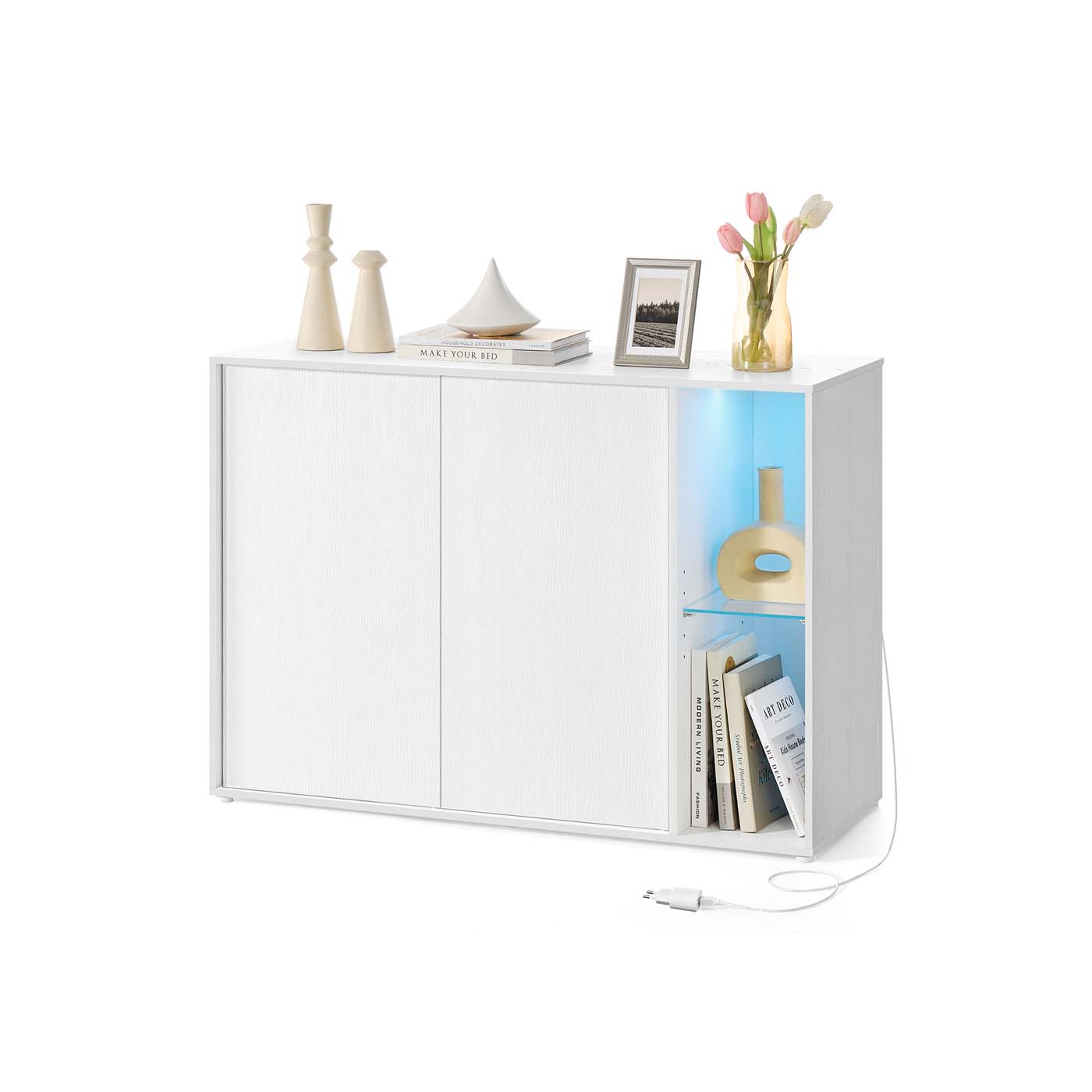 Valge valgustusega puhvetkapp klaasriiuliga, puitlaastplaat/MDF/klaas, 39 x 100 x 71 cm