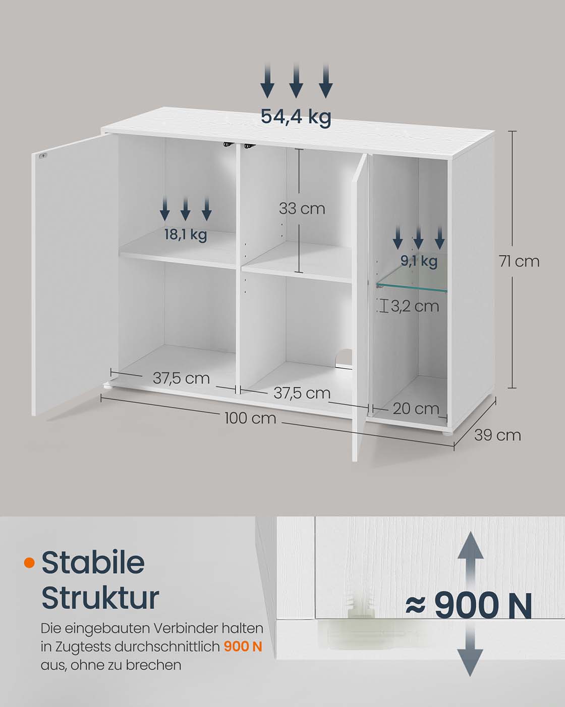 Indauja su apšvietimu, balta, medžio drožlių plokštė/MDF/stiklas, 39 x 100 x 71 cm - Image 6