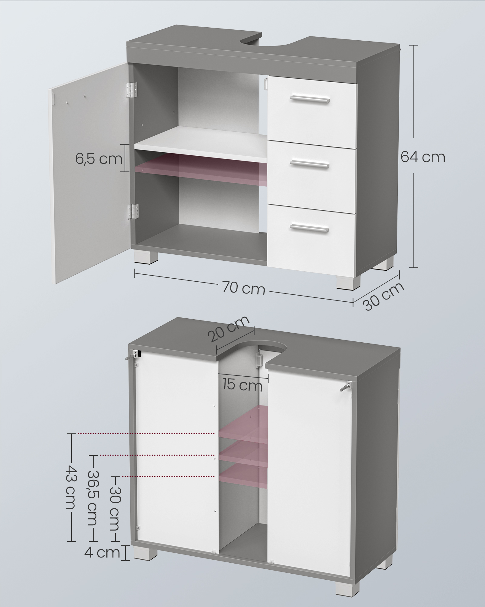 Izlietnes skapītis, MDF, balti-cementpelēks, 30 x 70 x 64 cm, ar 3 atvilktnēm un 2 nodalījumiem - Image 5