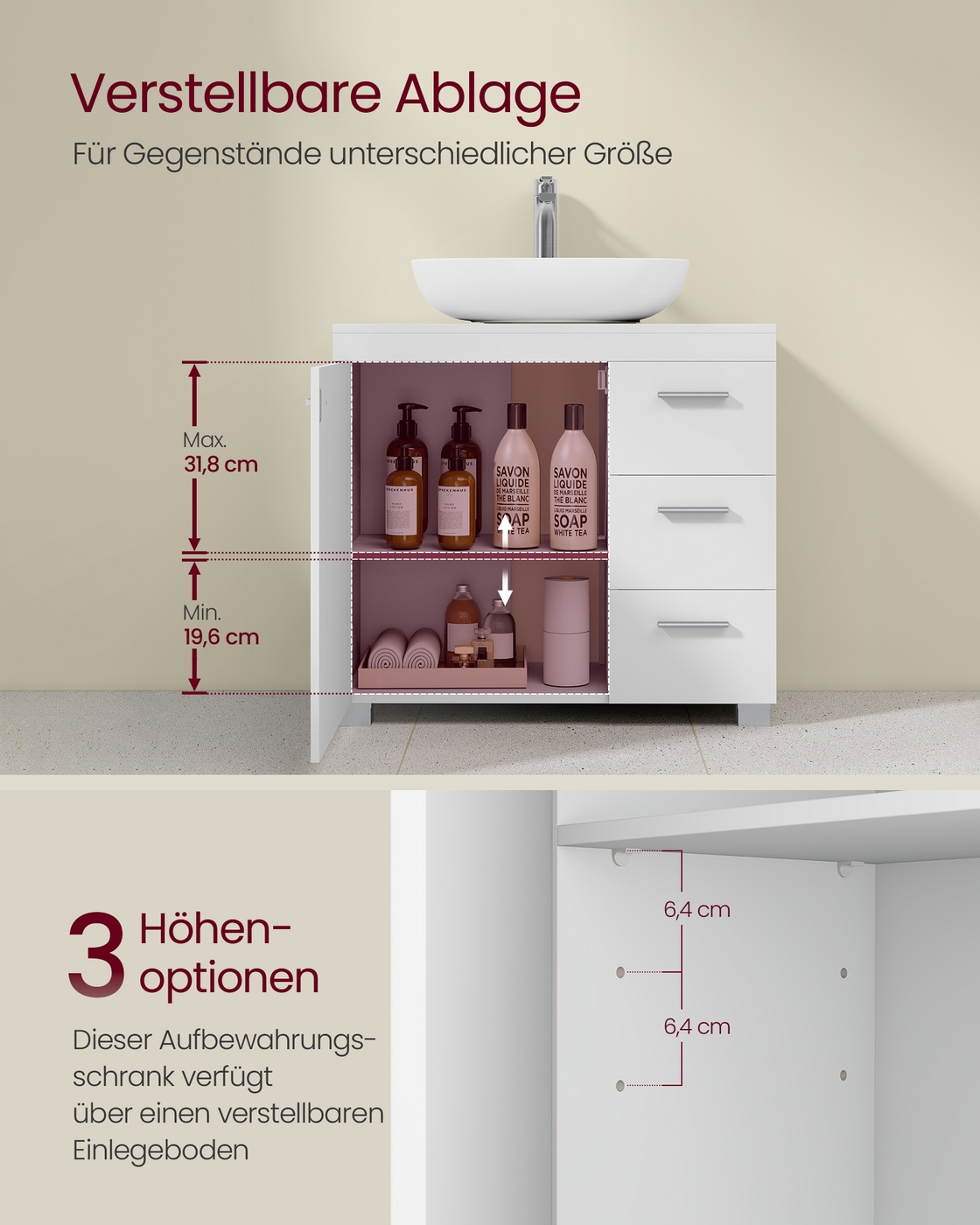 Allaskaappi, valkoinen, MDF, 30 x 70 x 64 cm, 2 lokeroa oven takana - Image 3