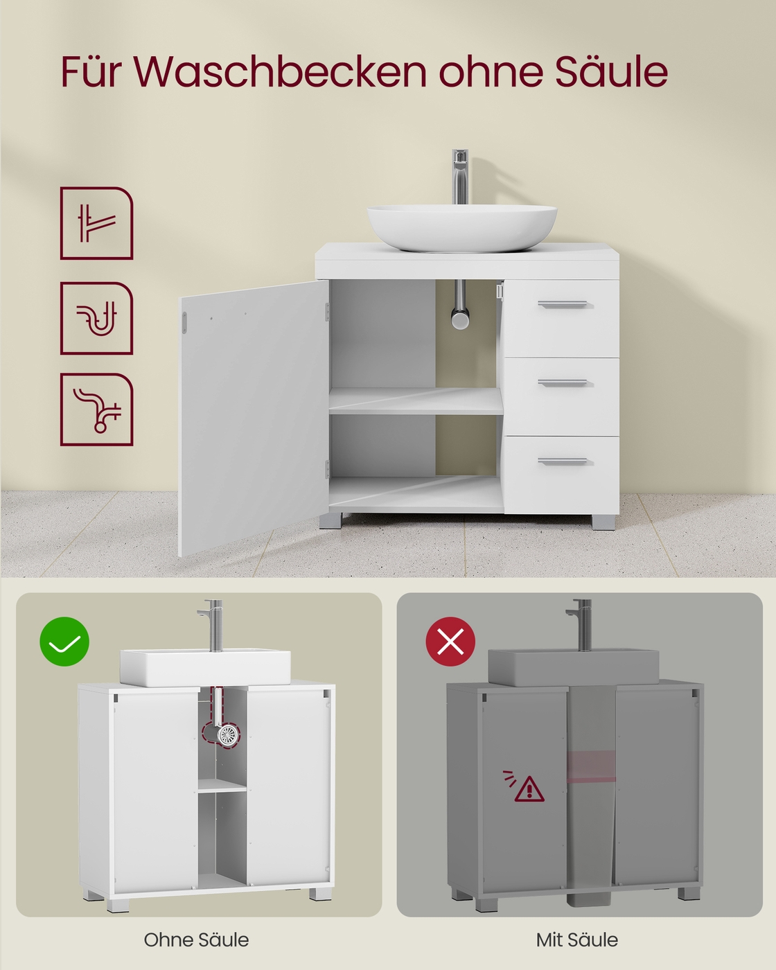 Allaskaappi, valkoinen, MDF, 30 x 70 x 64 cm, 2 lokeroa oven takana - Image 4