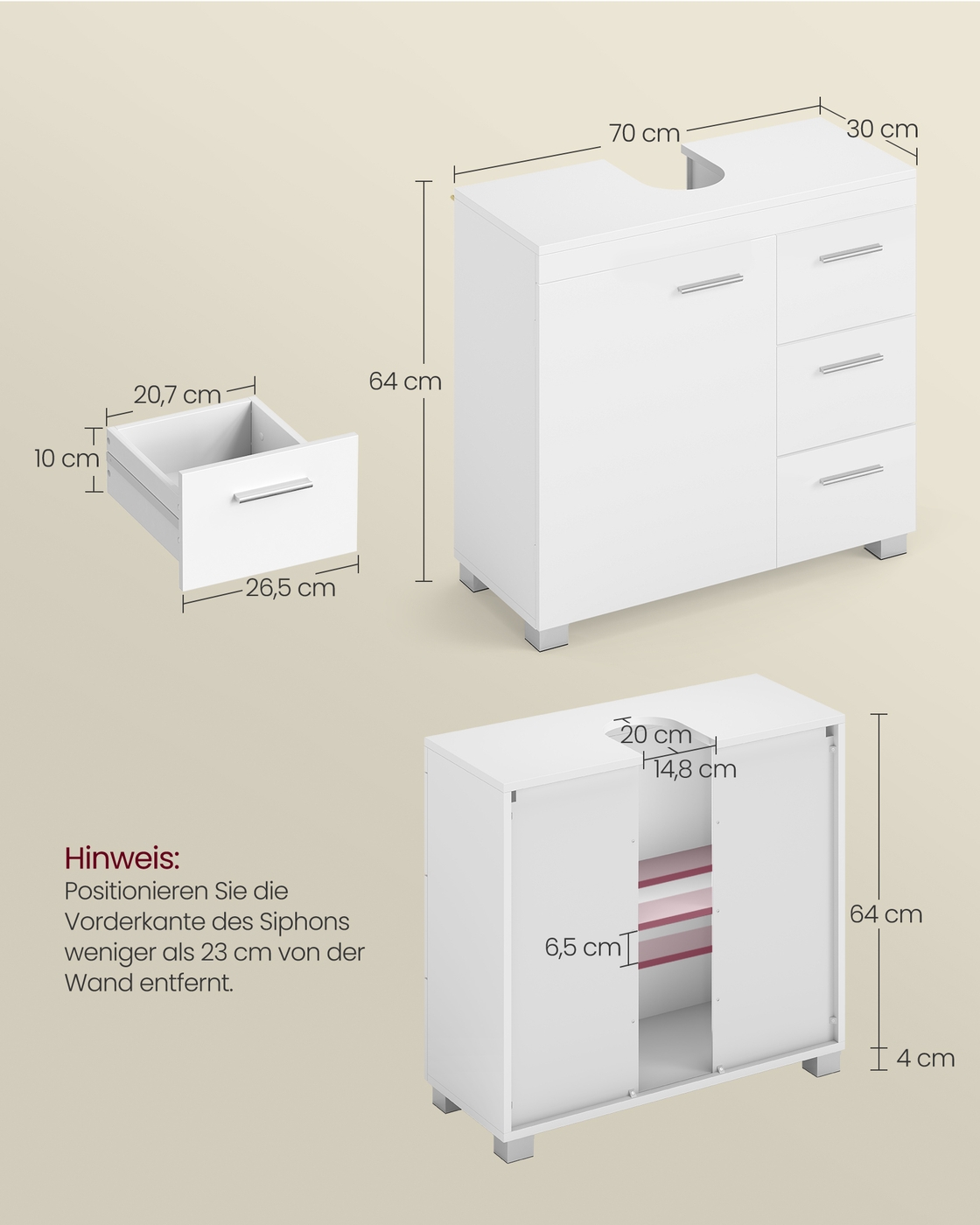 Allaskaappi, valkoinen, MDF, 30 x 70 x 64 cm, 2 lokeroa oven takana - Image 6