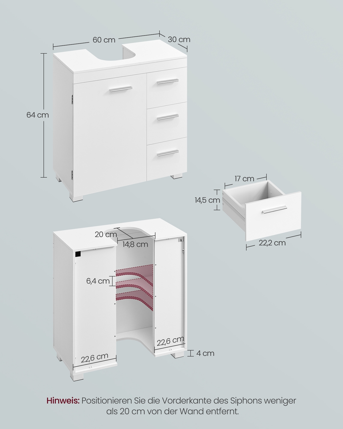 Izlietnes skapītis, 30 x 60 x 64 cm, ar 2 nodalījumiem, MDF un skaidu plātne, balts - Image 6