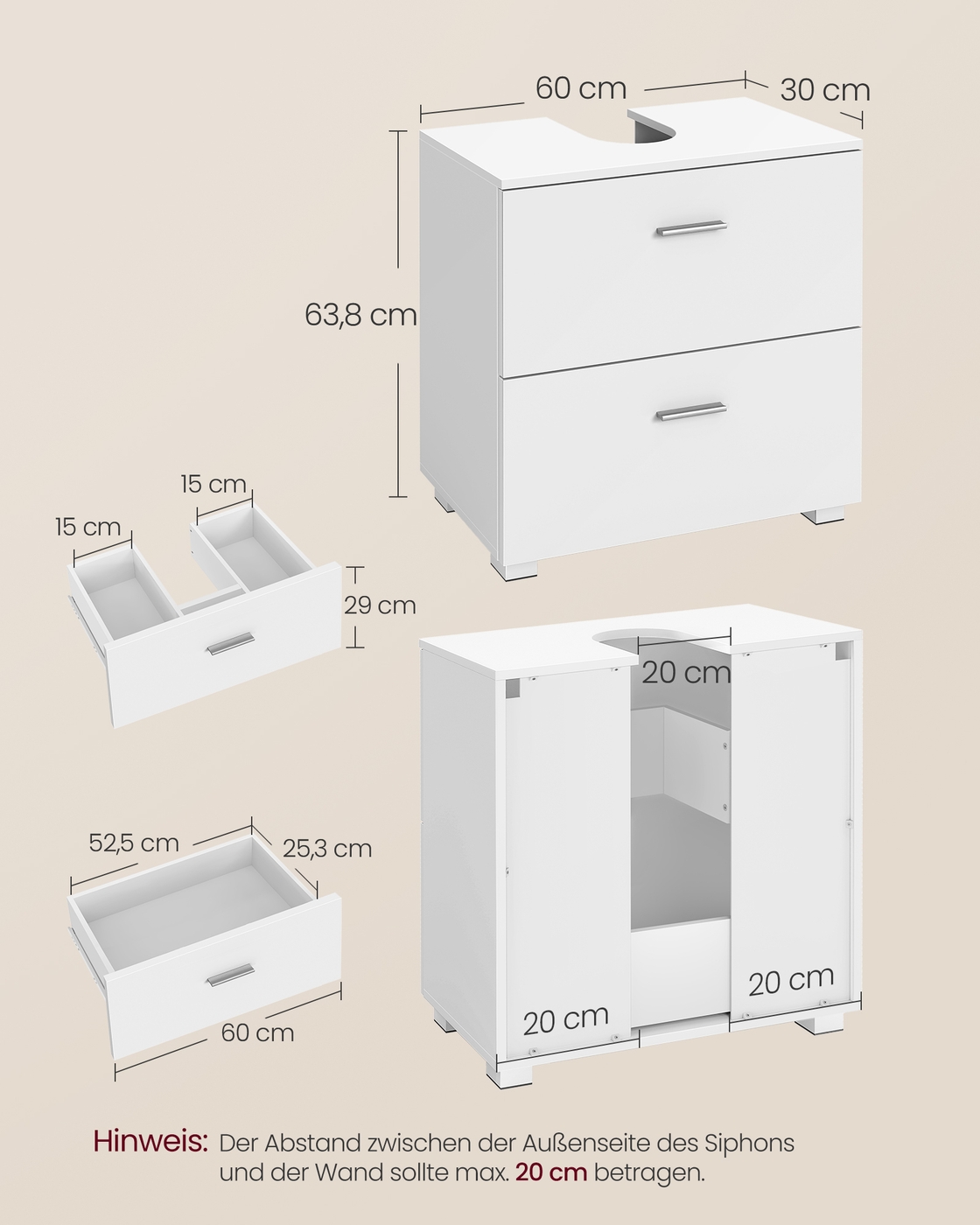 Izlietnes skapītis, 30 x 60 x 63,8 cm, 2 atvilktnes, MDF un skaidu plātne, balts - Image 6
