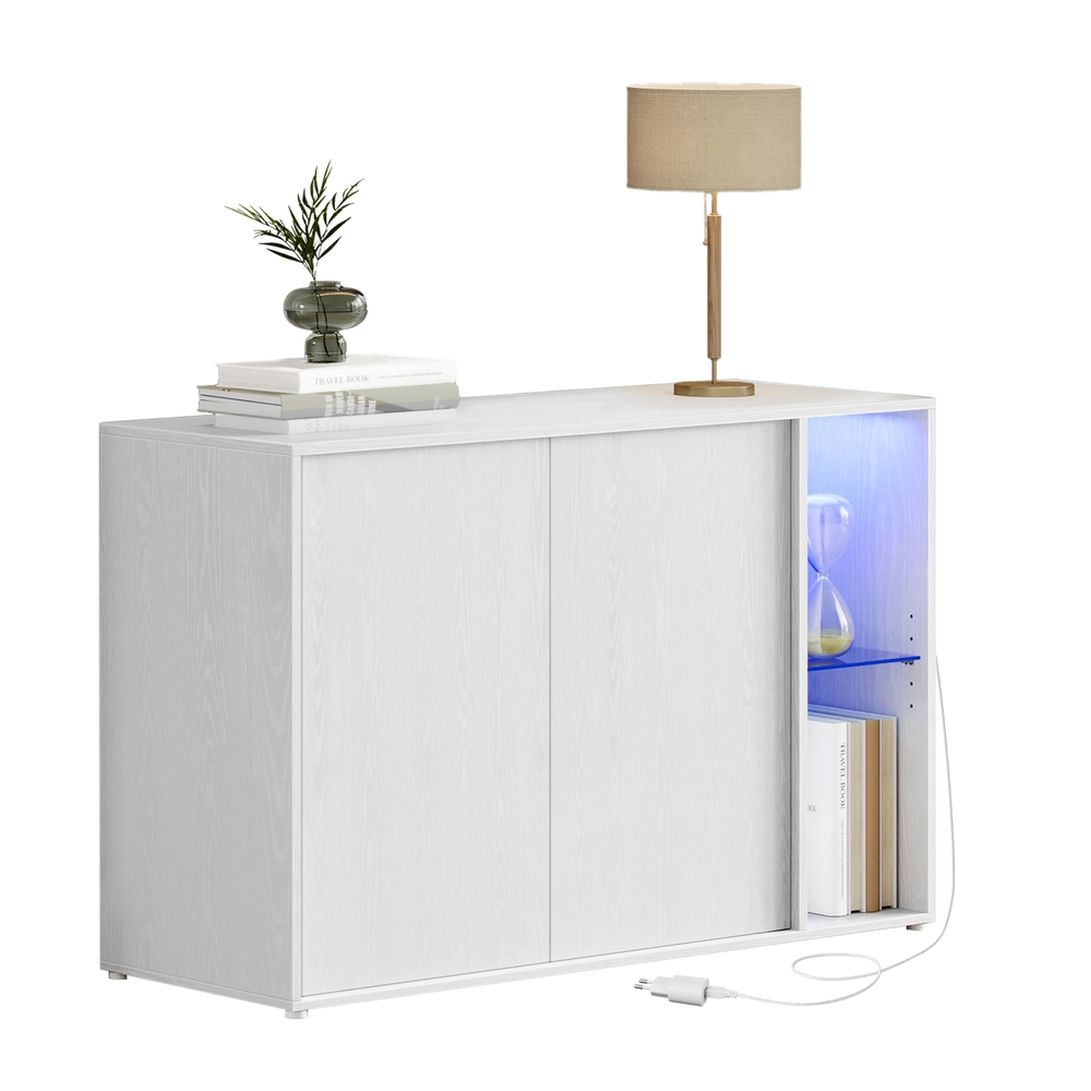 Tv-aluskapp panipaikade ja klaasriiuliga, valge, 39,1 x 100,1 x 71,1 cm