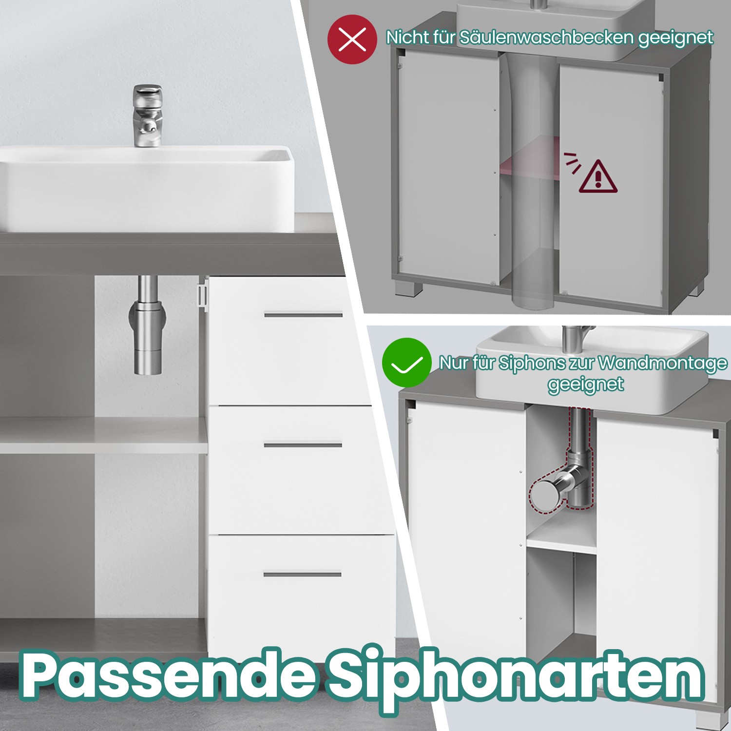 Allaskaappi kylpyhuoneeseen, 30 x 70 x 64 cm, 3 suurta laatikkoa, 2 lokeroa oven takana, valkoinen sementinharmaa - Image 5