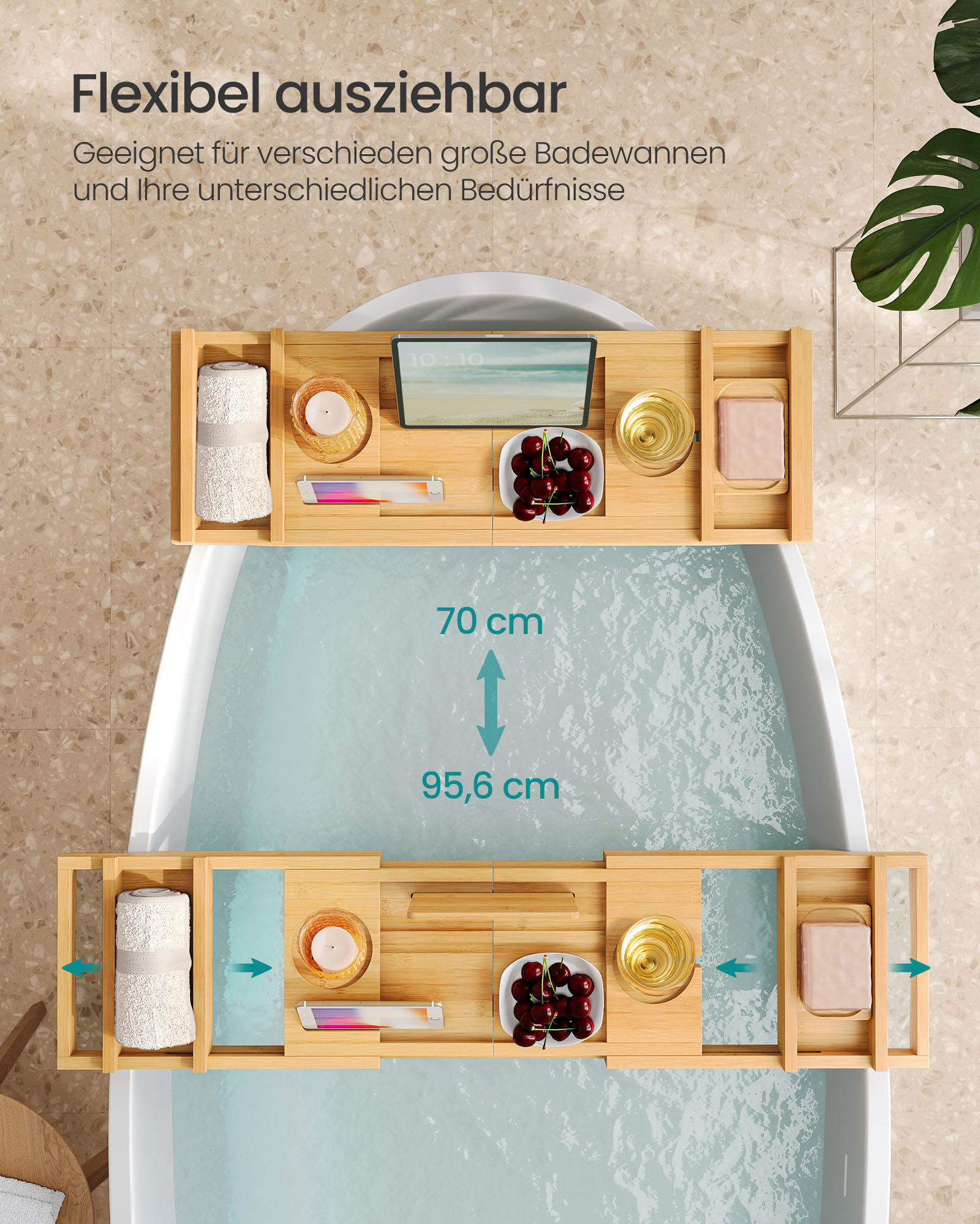 Kylpyammetaso ammeelle, bambua, ulosvedettävä 23 x 70–95,6 x 4,2 cm, luonnonbeige - Image 3