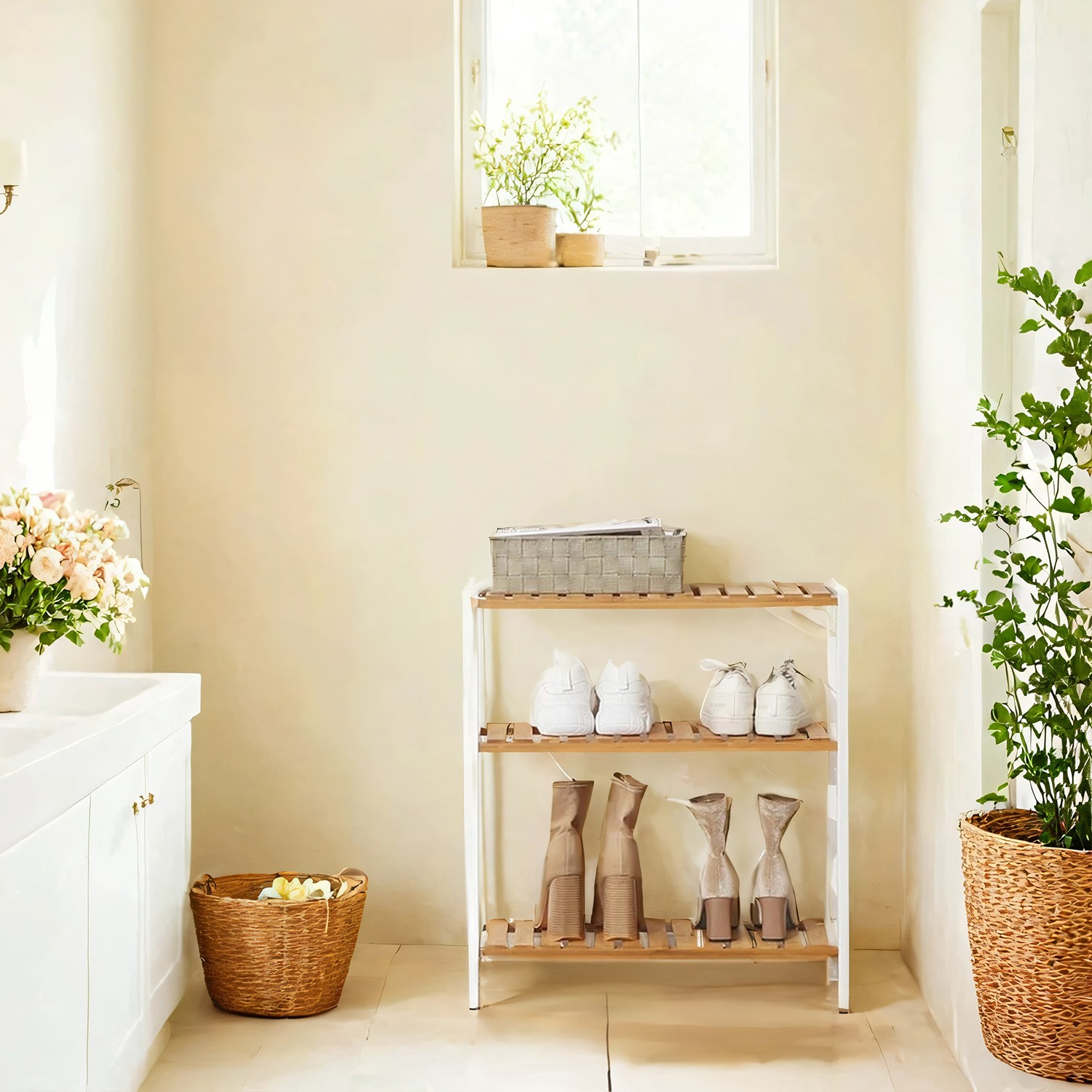 3-tasoinen bambuhylly, luonnollinen/valkoinen, 60 x 26 x 66 cm - Image 2