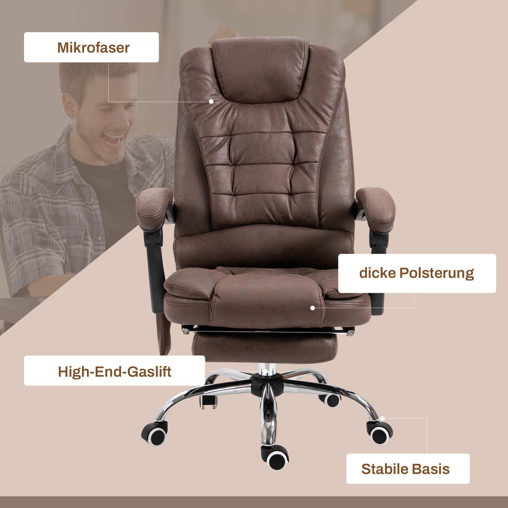 Masažinė biuro kėdė su gulėjimo ir šildymo funkcija, sukinėjama, ergonomiška, ruda, iki 120 kg - Image 8