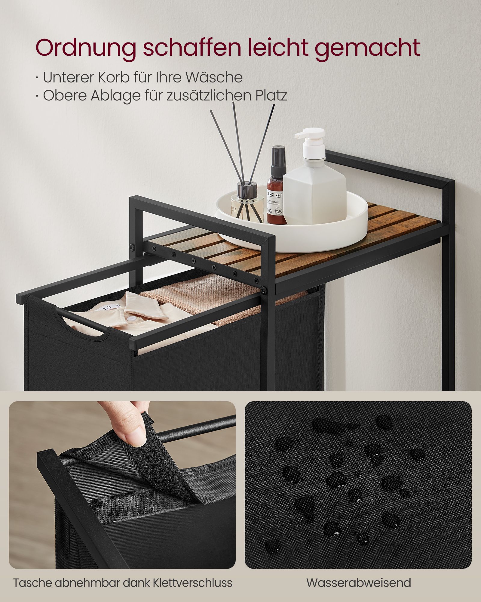 Veļas grozs ar plauktu, 3 noņemami 38 l maisi, MDF un tērauds, 42 x 28 x 75 cm - Image 3