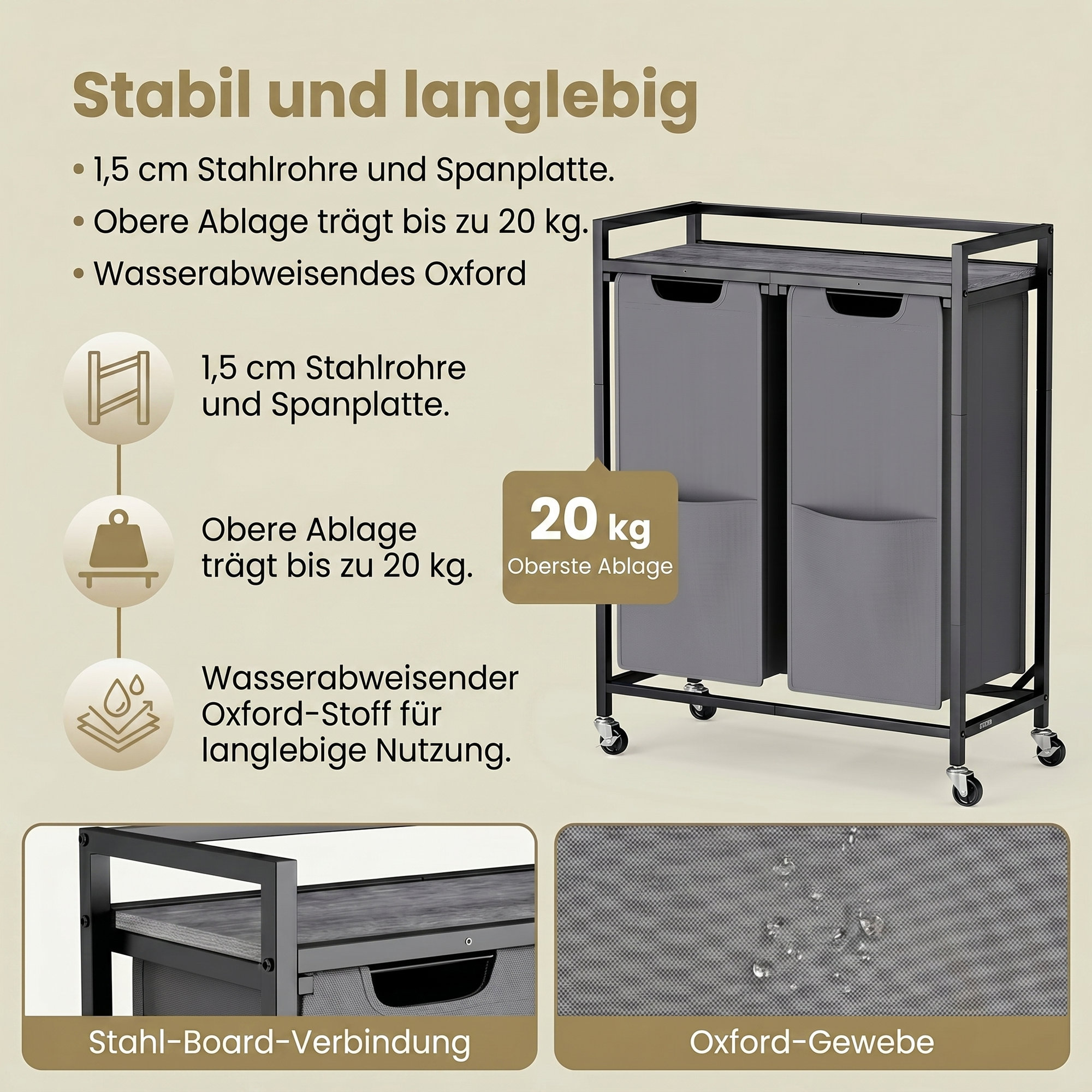 Pyykinlajittelukärry 2 lokerolla, hyllyllä ja taskuilla, 63 x 32 x 93 cm, musta-harmaa - Image 8