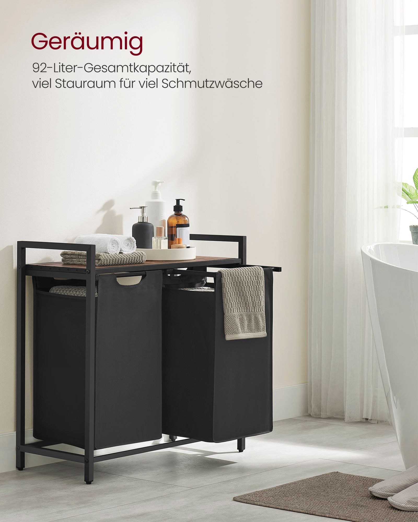 Veļas šķirošanas grozs ar 2 izvelkamiem maisiem, 2 x 46 l, 73 x 33 x 72 cm, brūns-melns - Image 3
