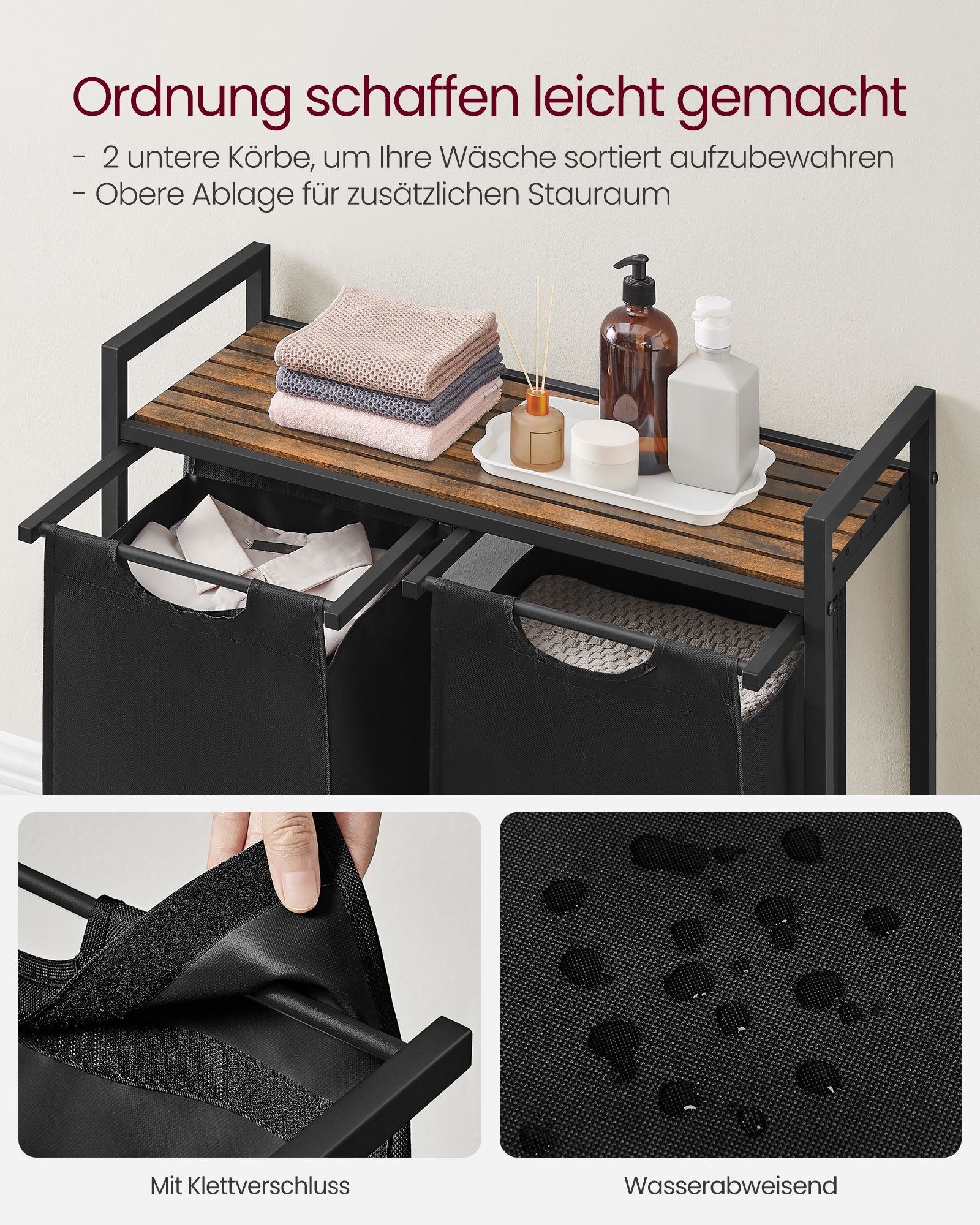 Veļas šķirošanas grozs ar 2 izvelkamiem maisiem, 2 x 46 l, 73 x 33 x 72 cm, brūns-melns - Image 4