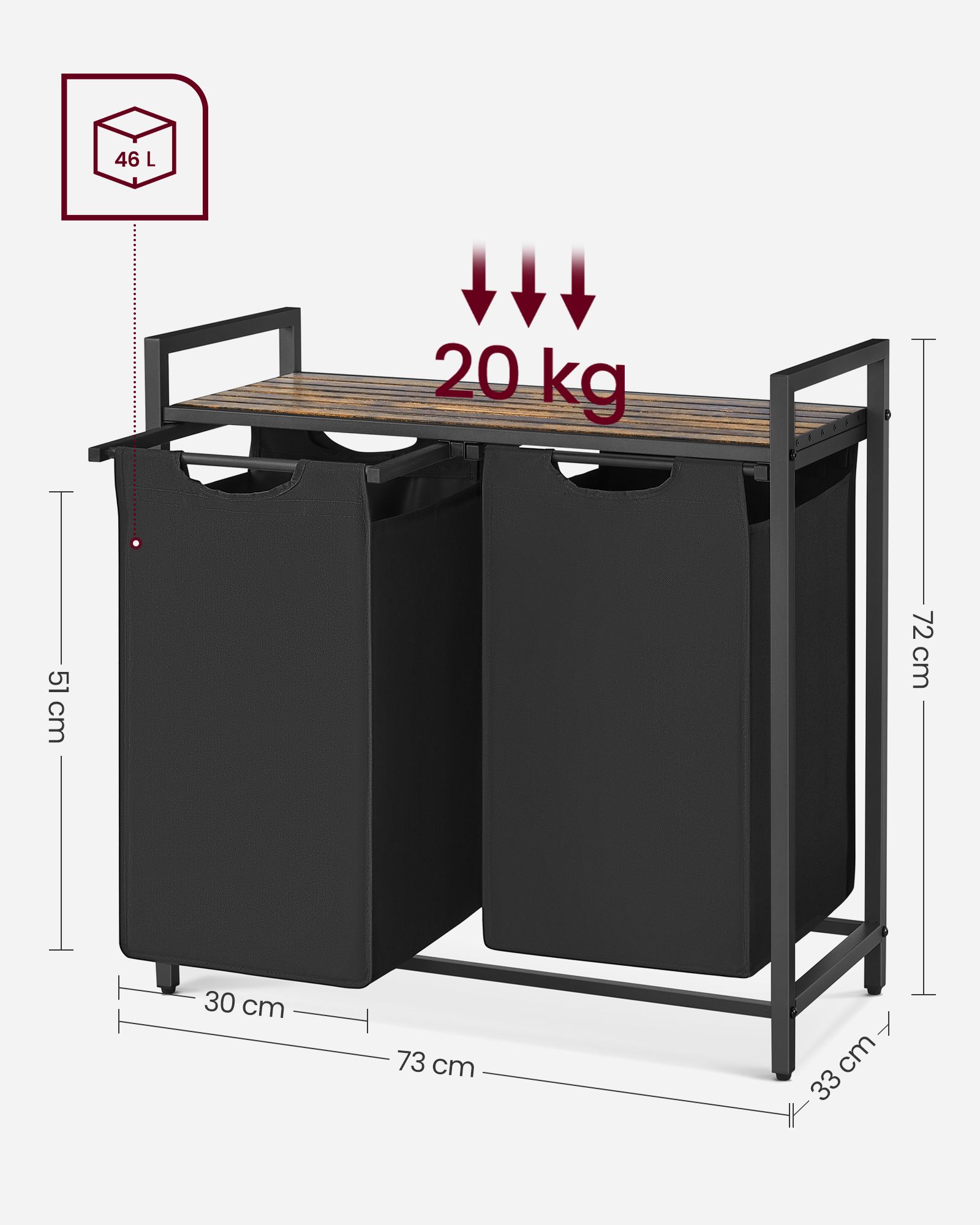 Veļas šķirošanas grozs ar 2 izvelkamiem maisiem, 2 x 46 l, 73 x 33 x 72 cm, brūns-melns - Image 7