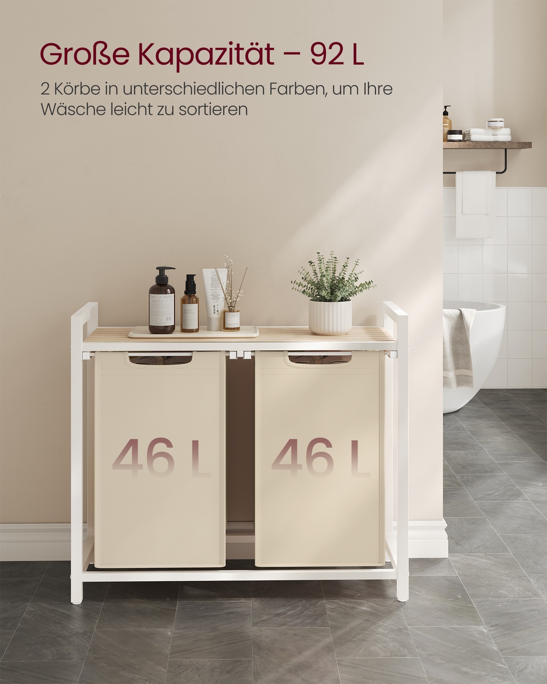 Veļas grozs ar 2 izvelkamiem maisiem, 2 x 46 l, 73 x 33 x 72 cm, bēšs un brūns - Image 3