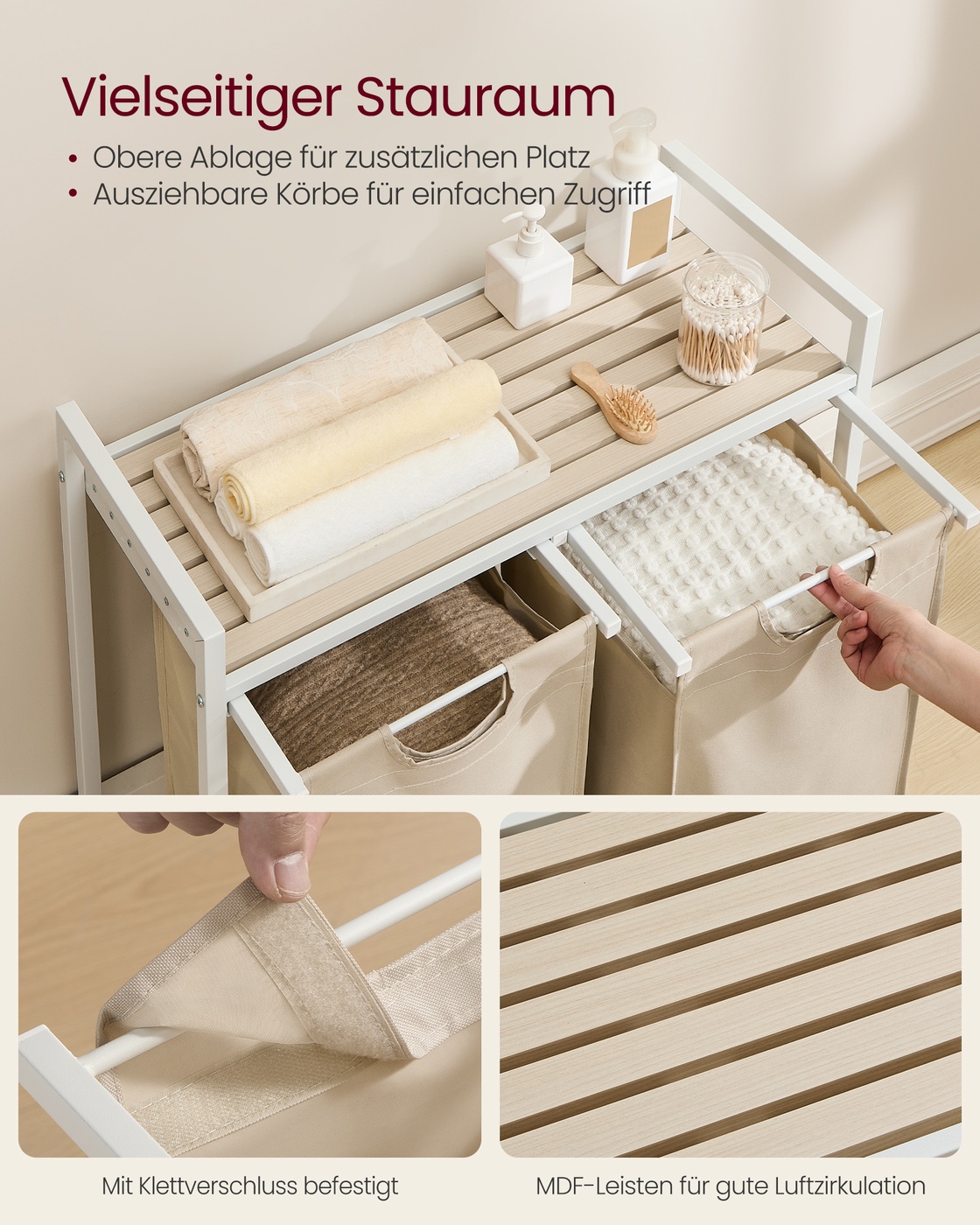 Veļas grozs ar 2 izvelkamiem maisiem, 2 x 46 l, 73 x 33 x 72 cm, bēšs un brūns - Image 4