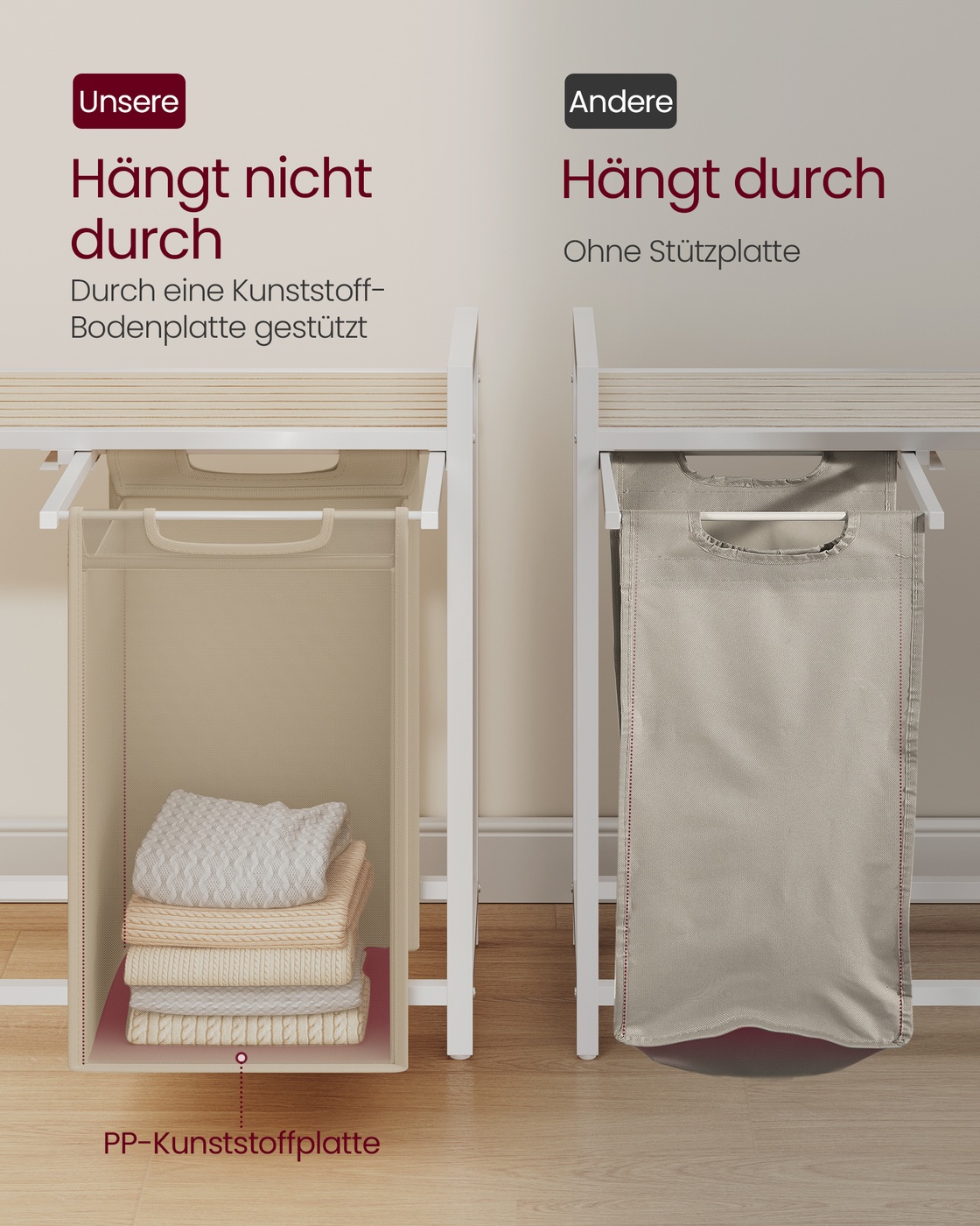 Veļas grozs ar 2 izvelkamiem maisiem, 2 x 46 l, 73 x 33 x 72 cm, bēšs un brūns - Image 5