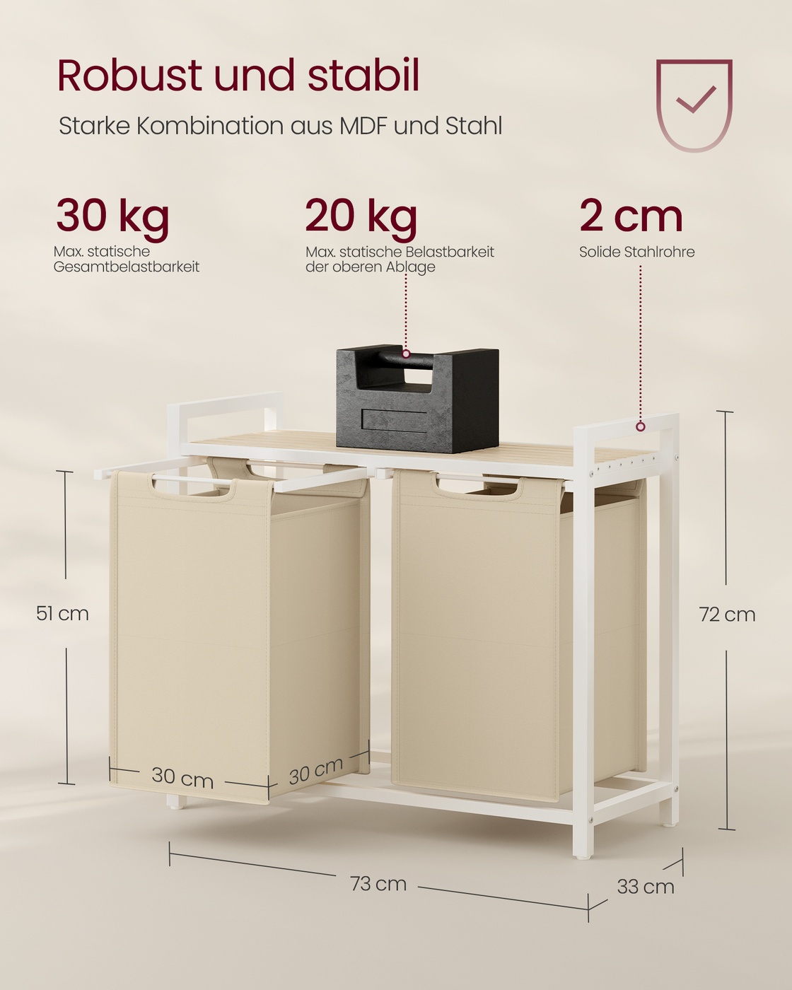 Veļas grozs ar 2 izvelkamiem maisiem, 2 x 46 l, 73 x 33 x 72 cm, bēšs un brūns - Image 6