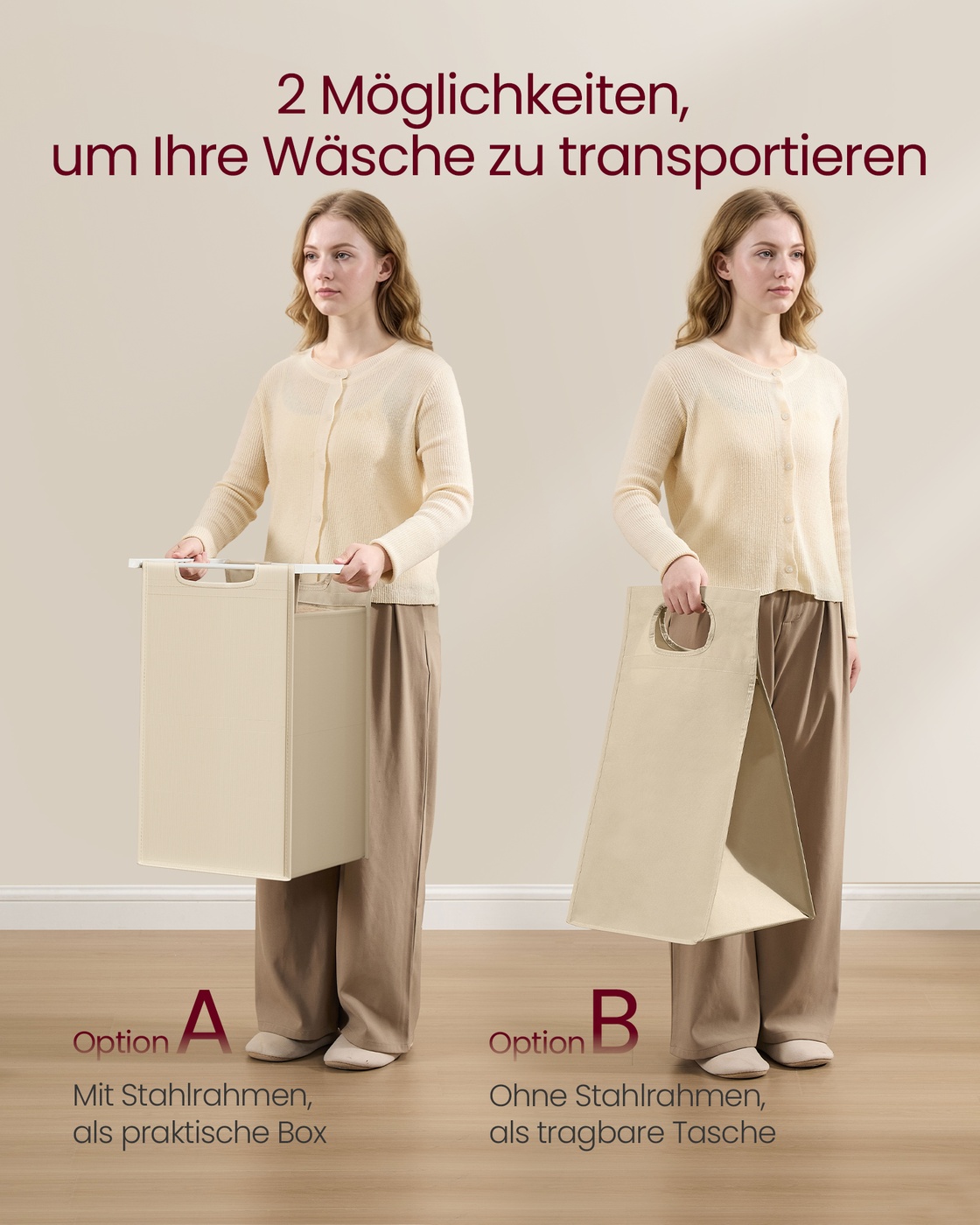 Veļas grozs ar 2 izvelkamiem maisiem, 2 x 46 l, 73 x 33 x 72 cm, bēšs un brūns - Image 7