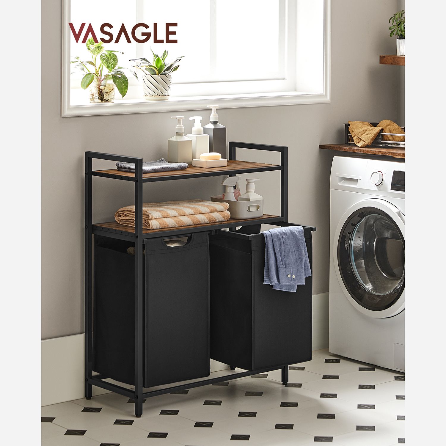 Veļas grozs ar 2 nodalījumiem un 2 plauktiem, 2 x 46 l, 73 x 33 x 91 cm, brūns-melns - Image 2