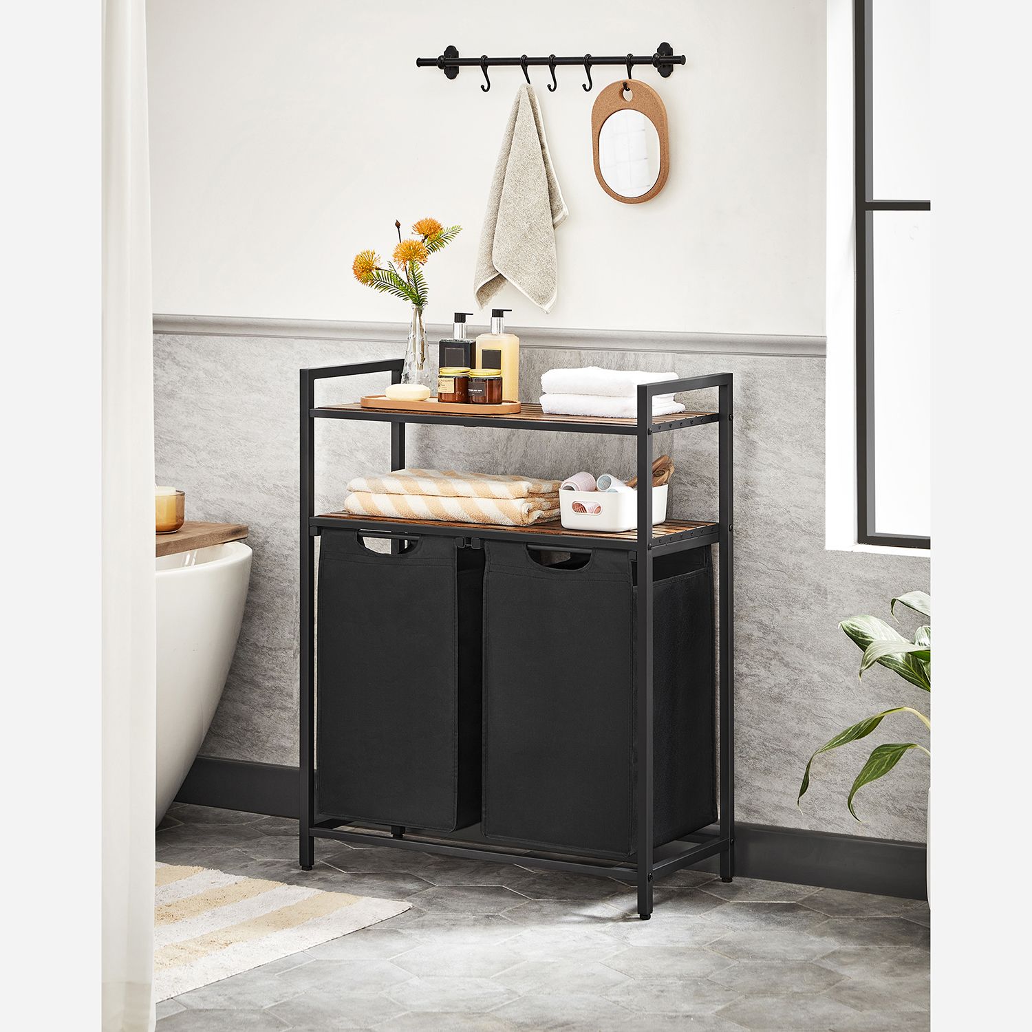 Veļas grozs ar 2 nodalījumiem un 2 plauktiem, 2 x 46 l, 73 x 33 x 91 cm, brūns-melns - Image 3